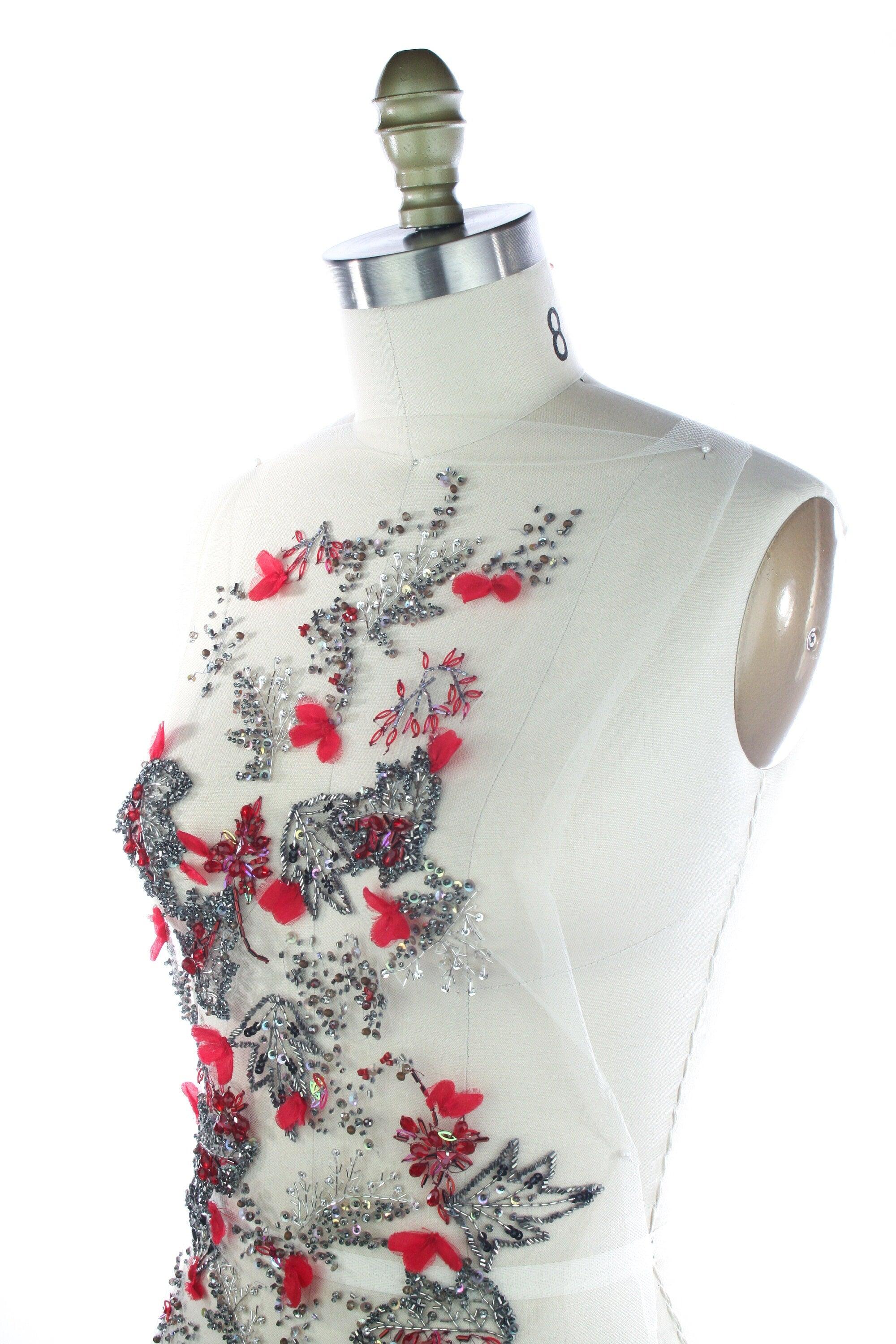 3D Cherry Red & Antique Silver Floral Applique - Moda Artisans