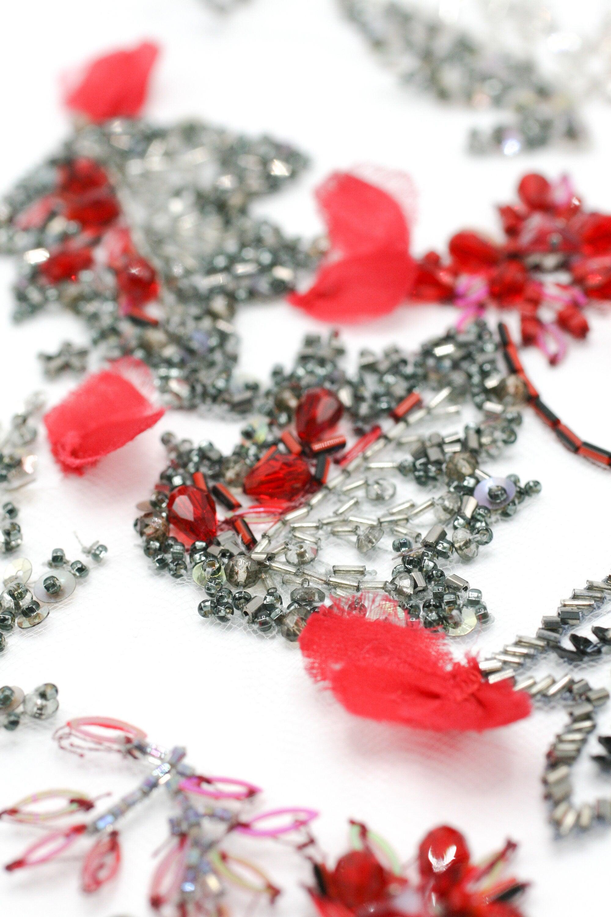3D Cherry Red & Antique Silver Floral Applique - Moda Artisans