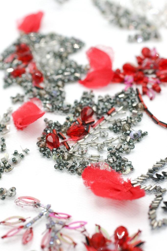 3D Cherry Red & Antique Silver Floral Applique - Moda Artisans