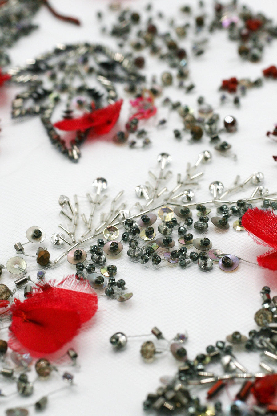 3D Cherry Red & Antique Silver Floral Applique - Moda Artisans