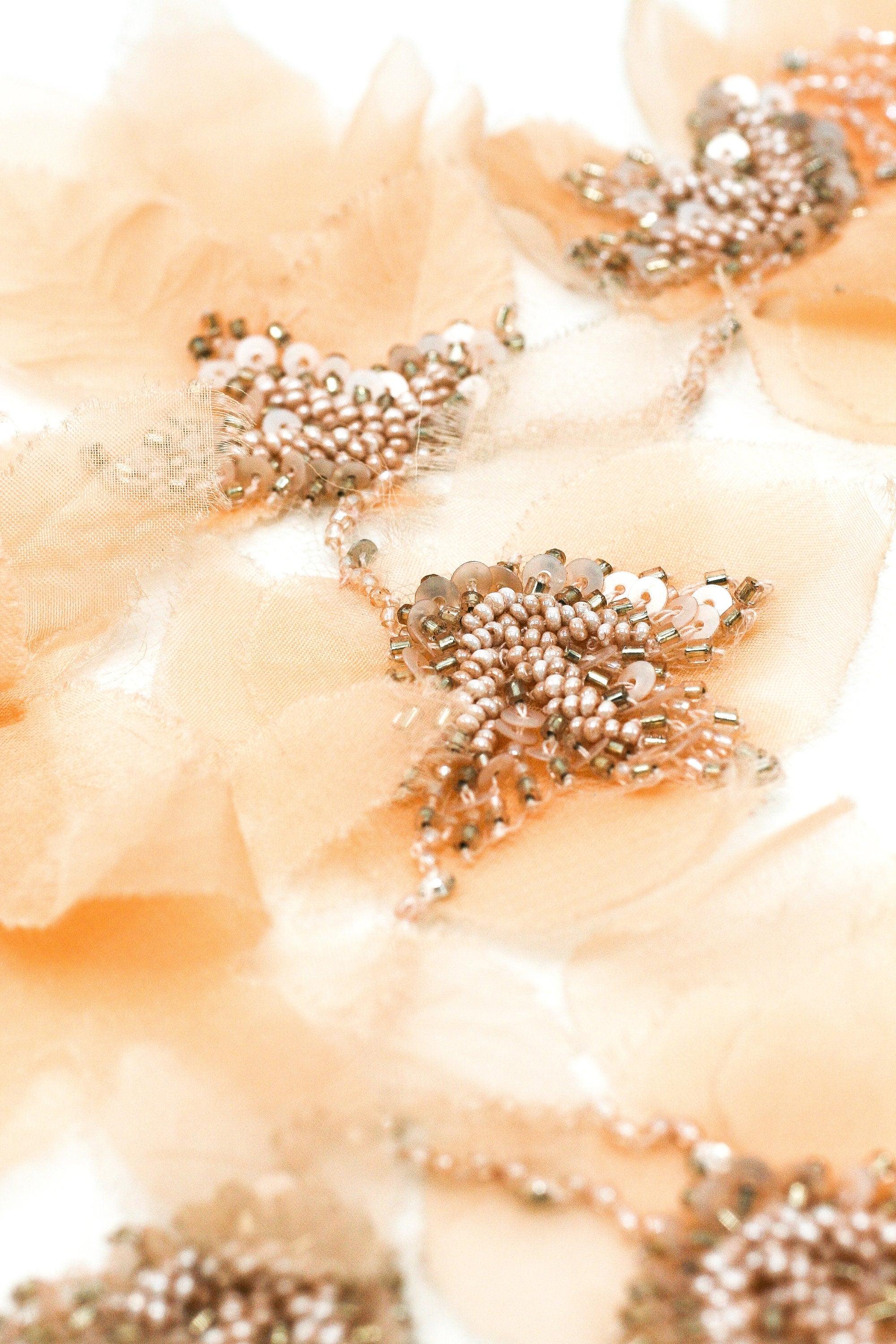 A133 - Soft Peach Silk Chiffon Floral Applique - Moda Artisans