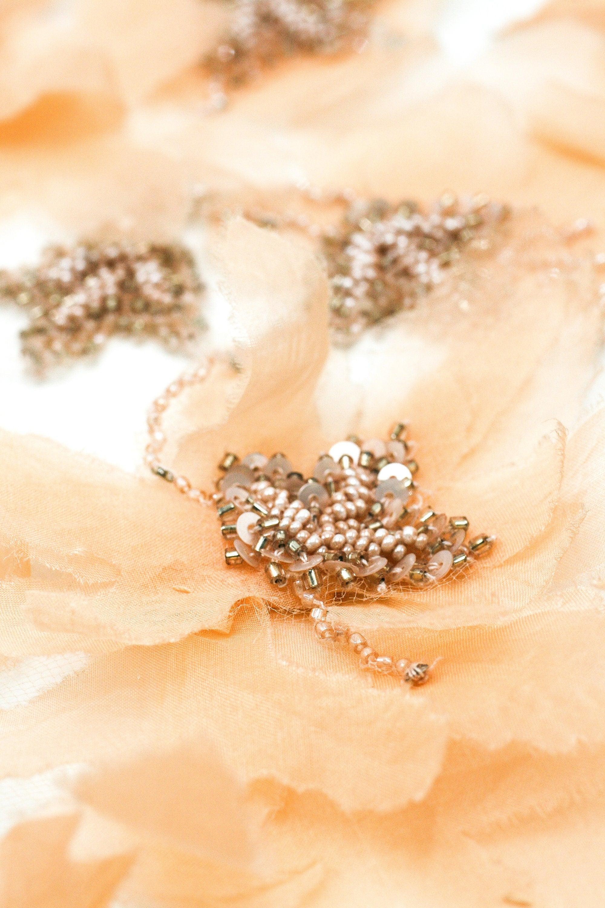 A133 - Soft Peach Silk Chiffon Floral Applique - Moda Artisans