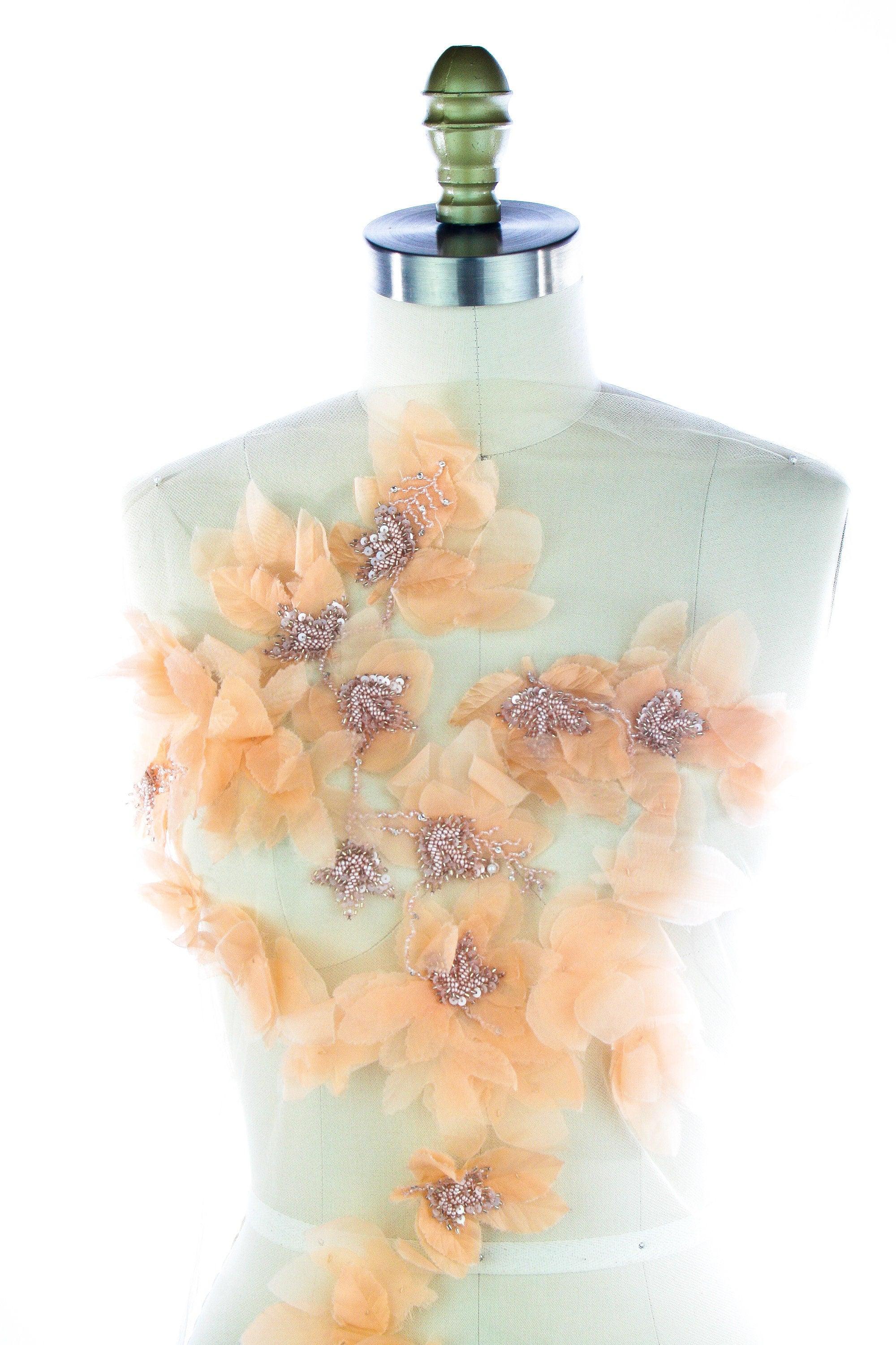 A133 - Soft Peach Silk Chiffon Floral Applique - Moda Artisans