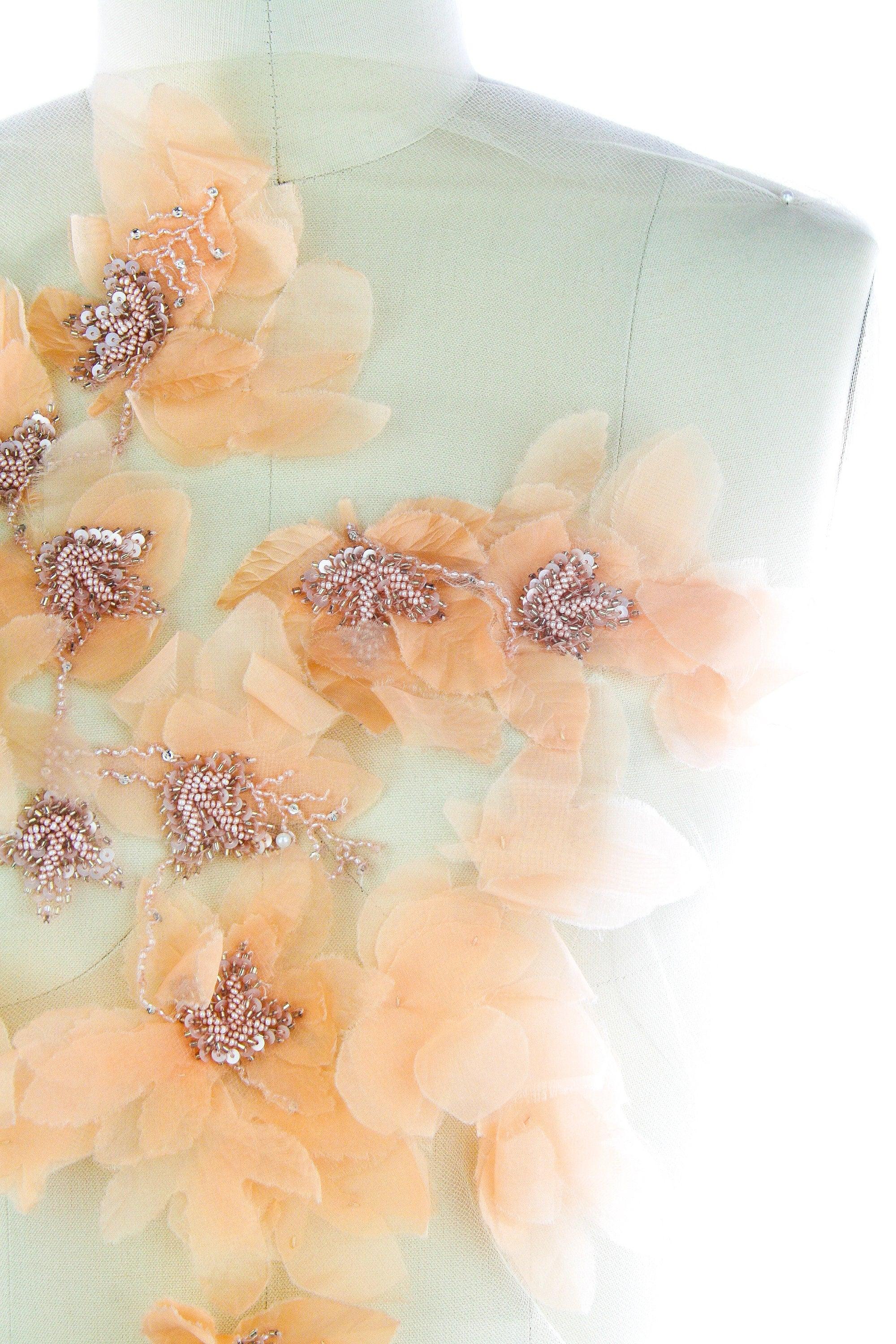 A133 - Soft Peach Silk Chiffon Floral Applique - Moda Artisans