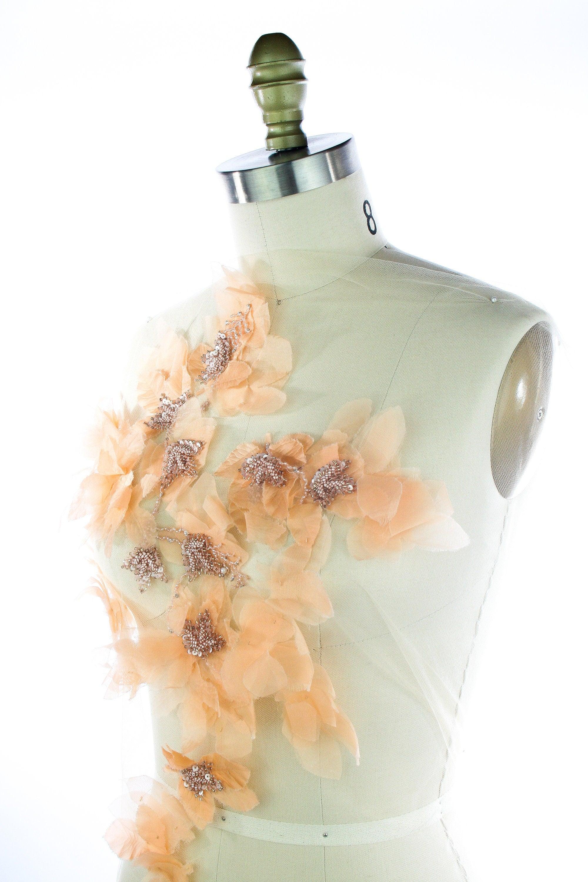 A133 - Soft Peach Silk Chiffon Floral Applique - Moda Artisans