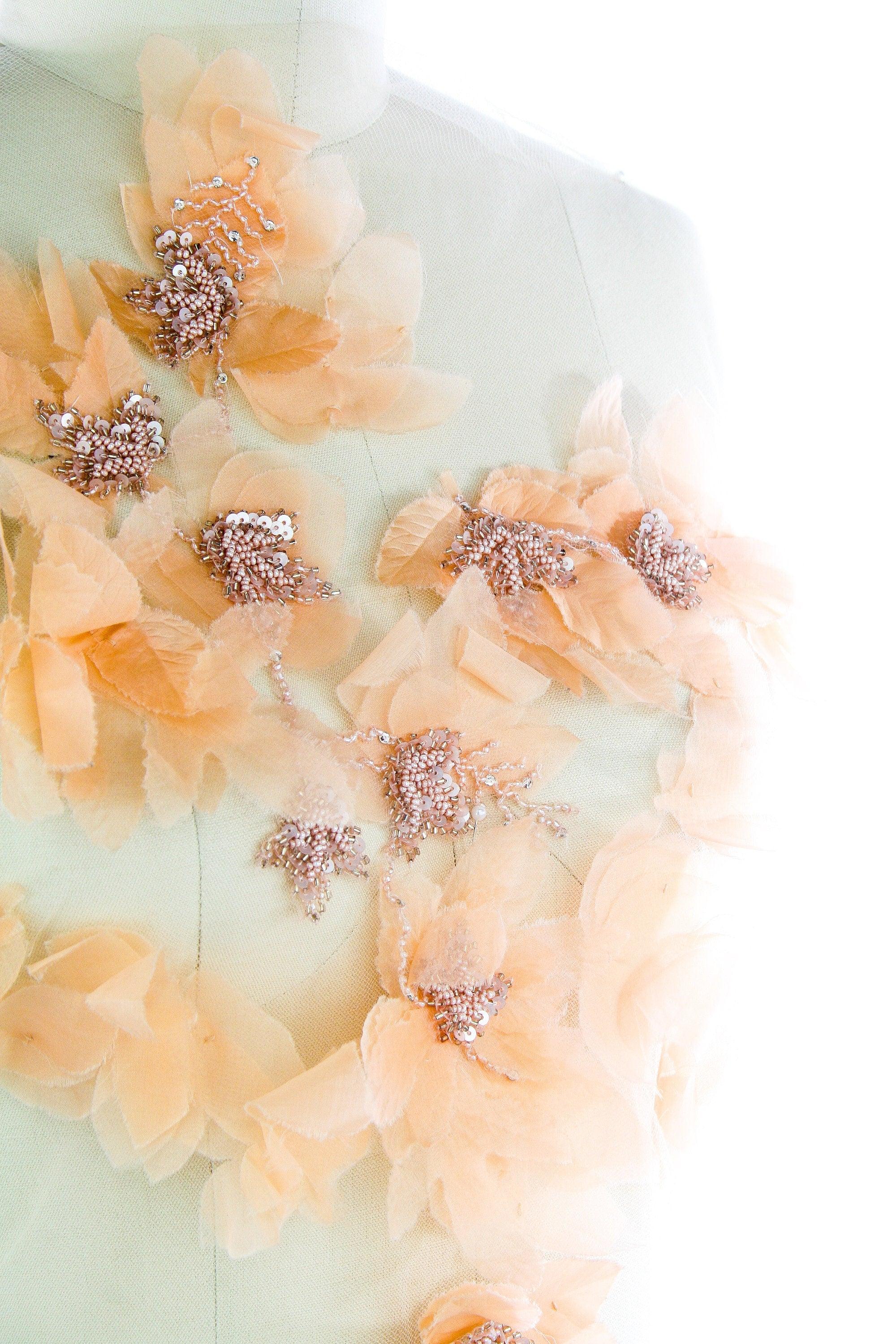 A133 - Soft Peach Silk Chiffon Floral Applique - Moda Artisans