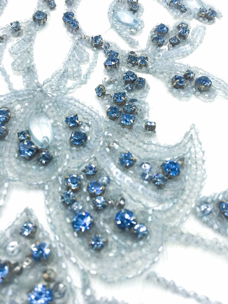 A - Crystal Blue Beaded Applique Panel