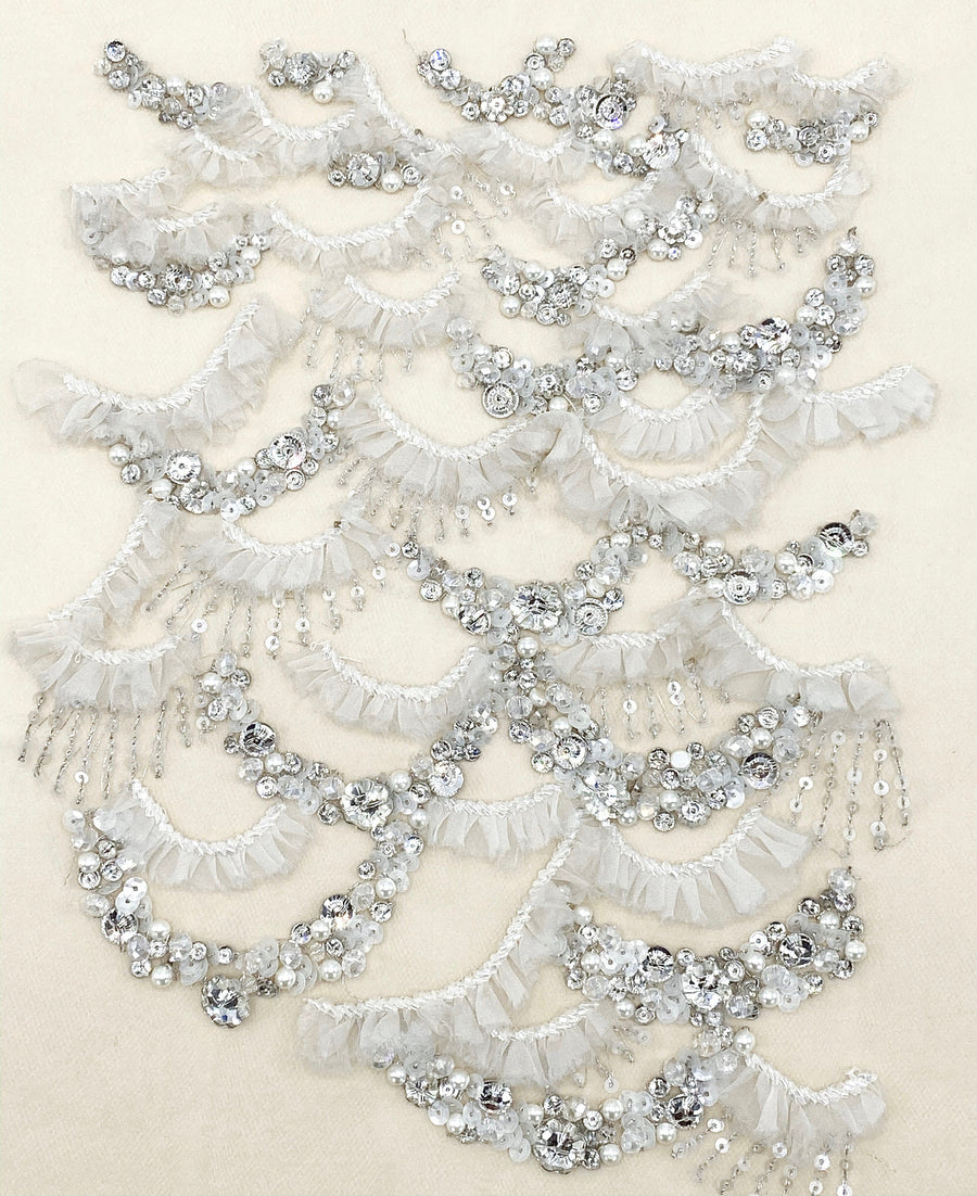 Wedding Dress Beaded tulle applique fabric with rhinestones and pearls.