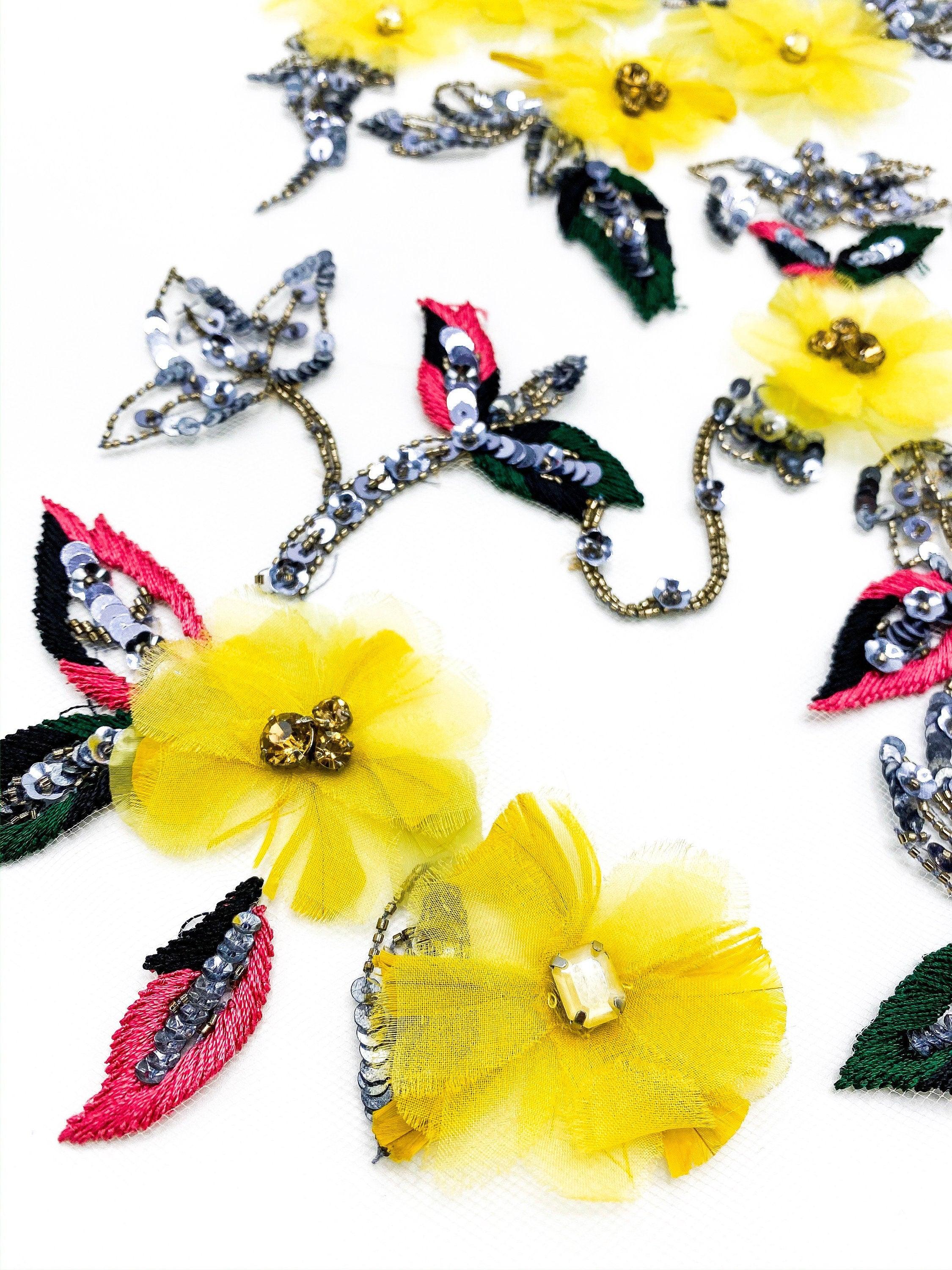 A125 - Citrine Sequined Floral Applique - Moda Artisans