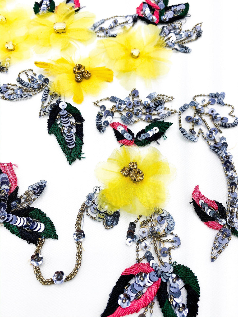 Feather & Flowers Bead Fabric -YELLOW Feather Bead Embroidery, Lace Fabric Panel, Luxury 3D Fabric, Haute Couture Fabric, Embroidered Tulle