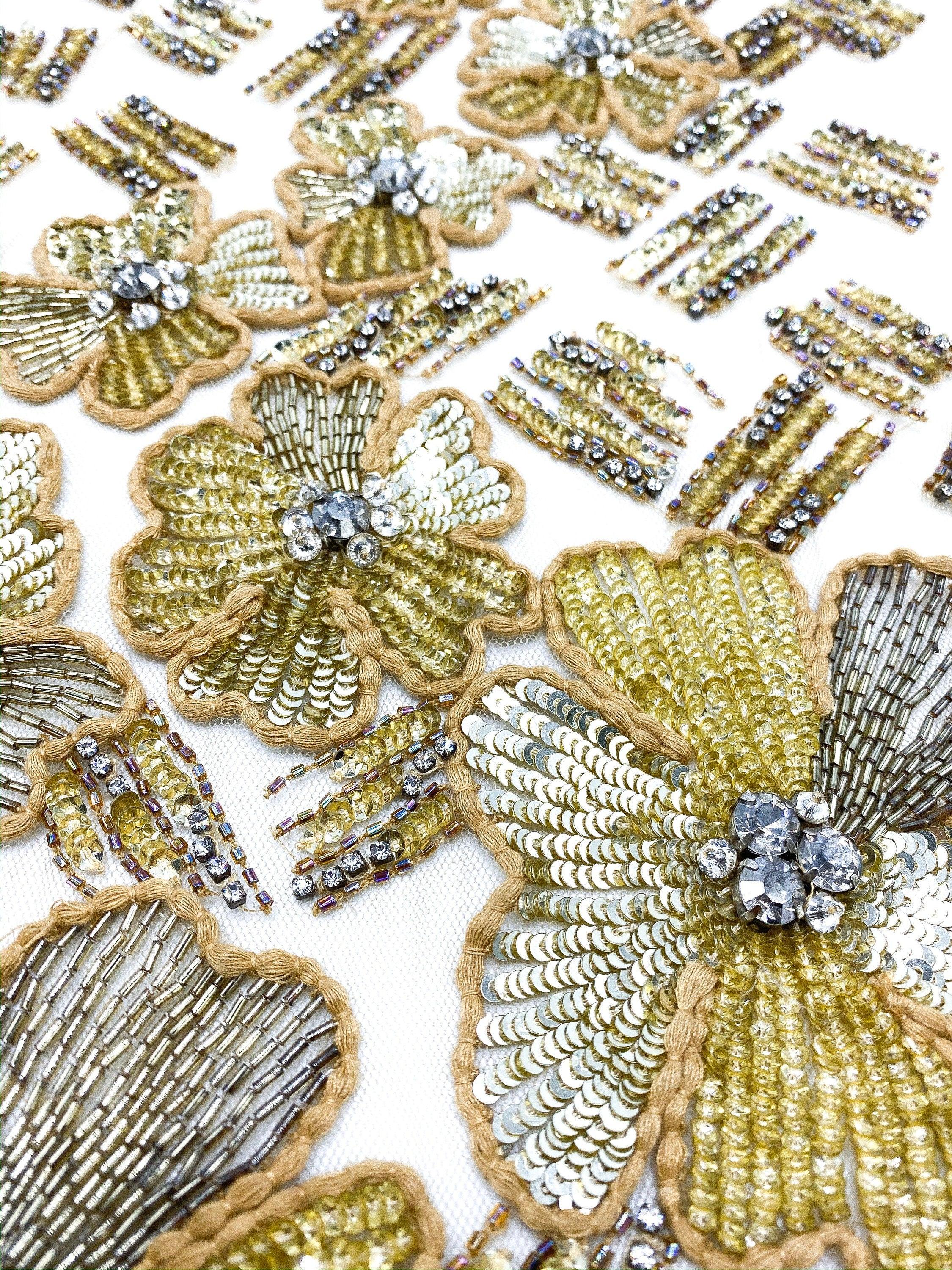 A132 - Silver & Champagne Sequined Floral Applique - Moda Artisans