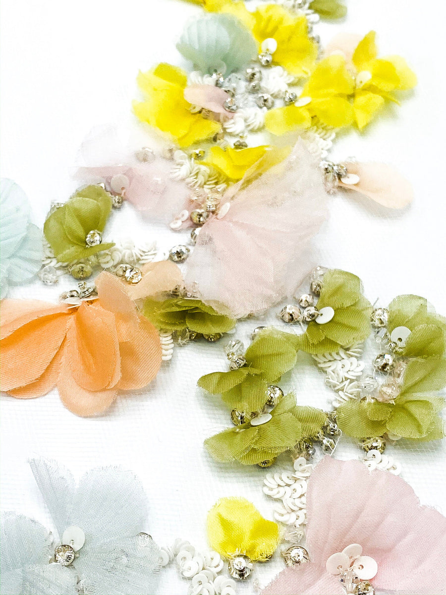 Wedding Lace Fabric in Pastel Colours with 3D Silk Flowers - Beaded Pastel 3D Floral Lace,Couture Floral Applique for wedding,Capelet Fabric