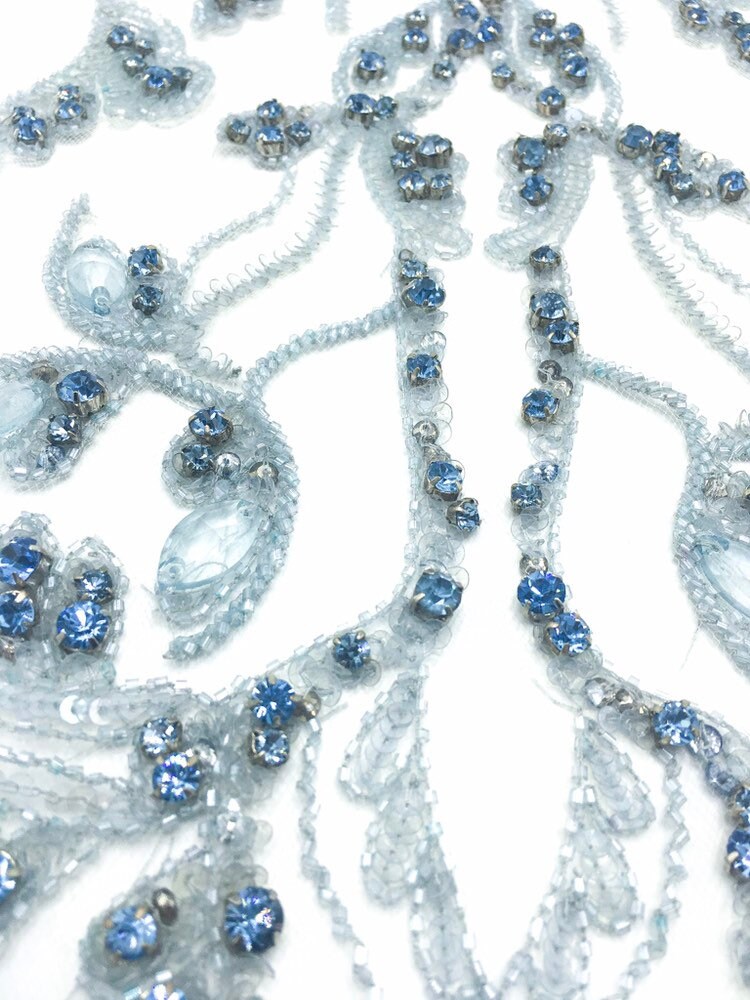 A - Crystal Blue Beaded Applique Panel