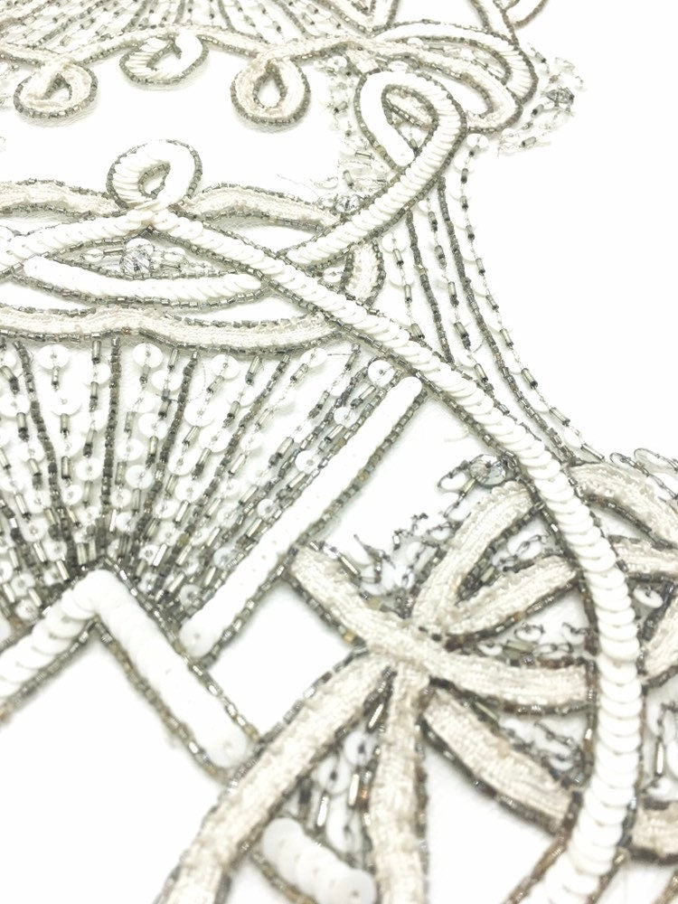 A116 - White & Silver Beaded Applique Panel