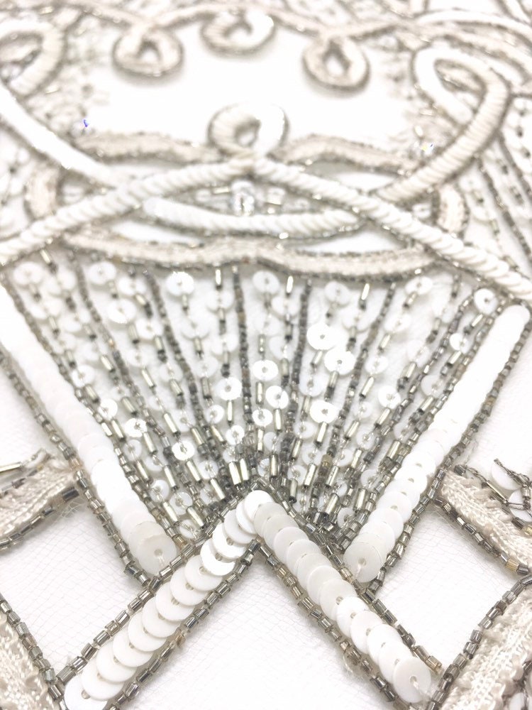 A116 - White & Silver Beaded Applique Panel