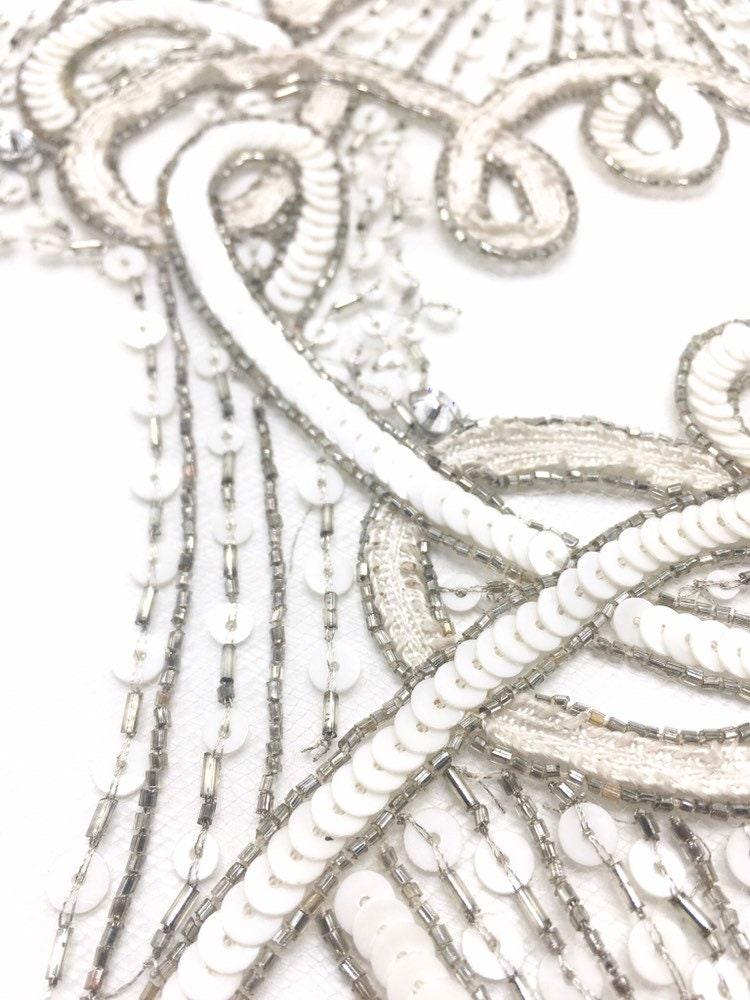 A116 - White & Silver Beaded Applique Panel