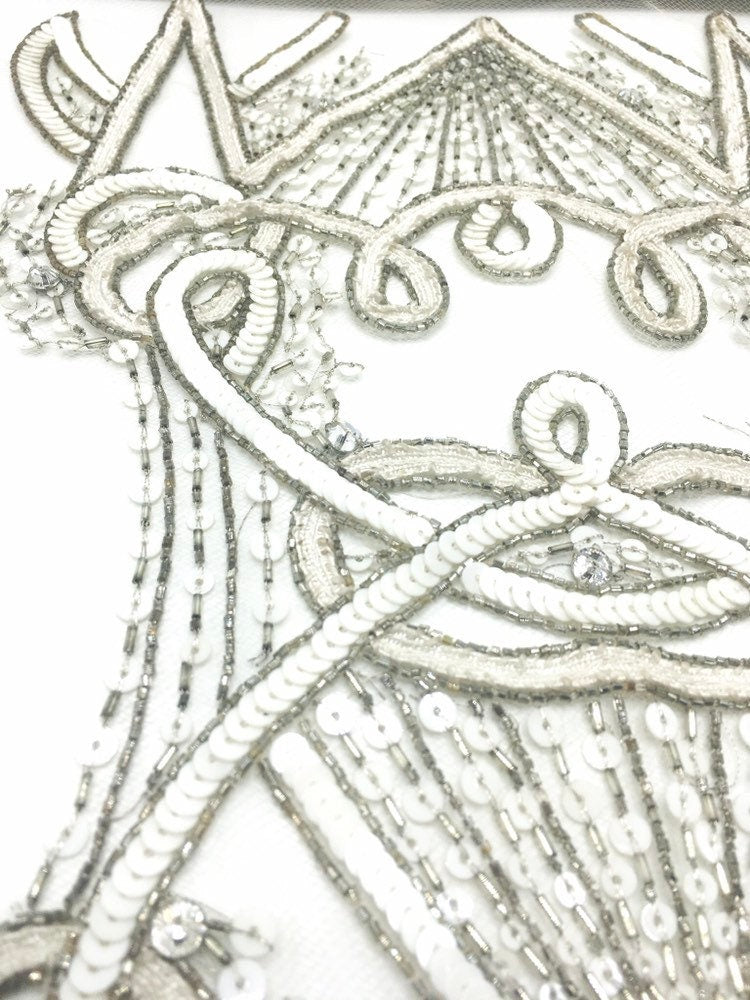 A116 - White & Silver Beaded Applique Panel