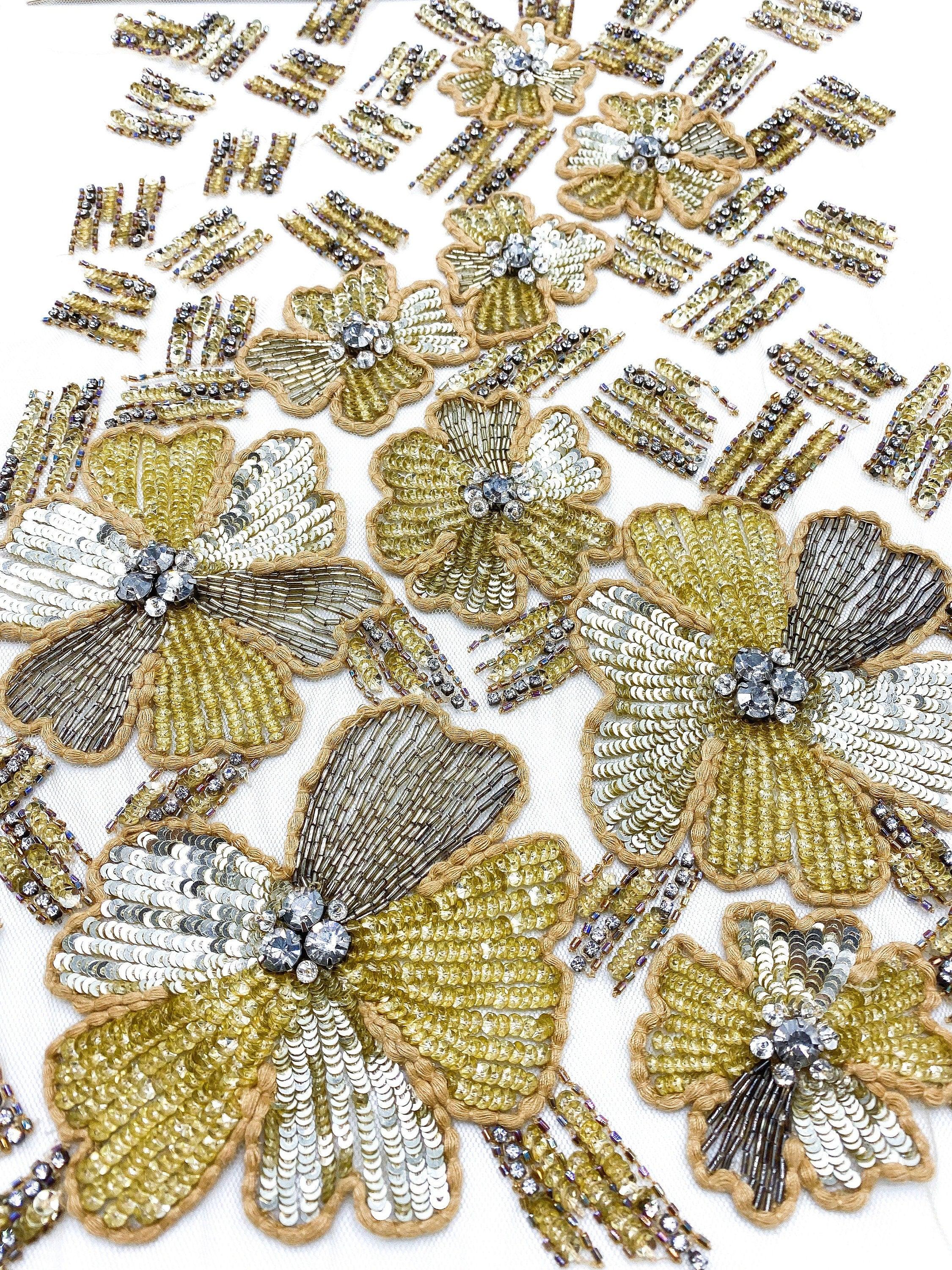 A132 - Silver & Champagne Sequined Floral Applique - Moda Artisans