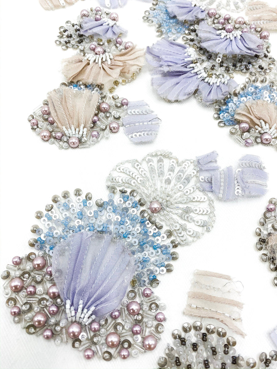 Floral Beaded Applique for wedding Dress - Pastel 3D Flowers Lace Fabric,Couture Lace Fabric with pearls,Hand Beaded and embroidered Fabric.