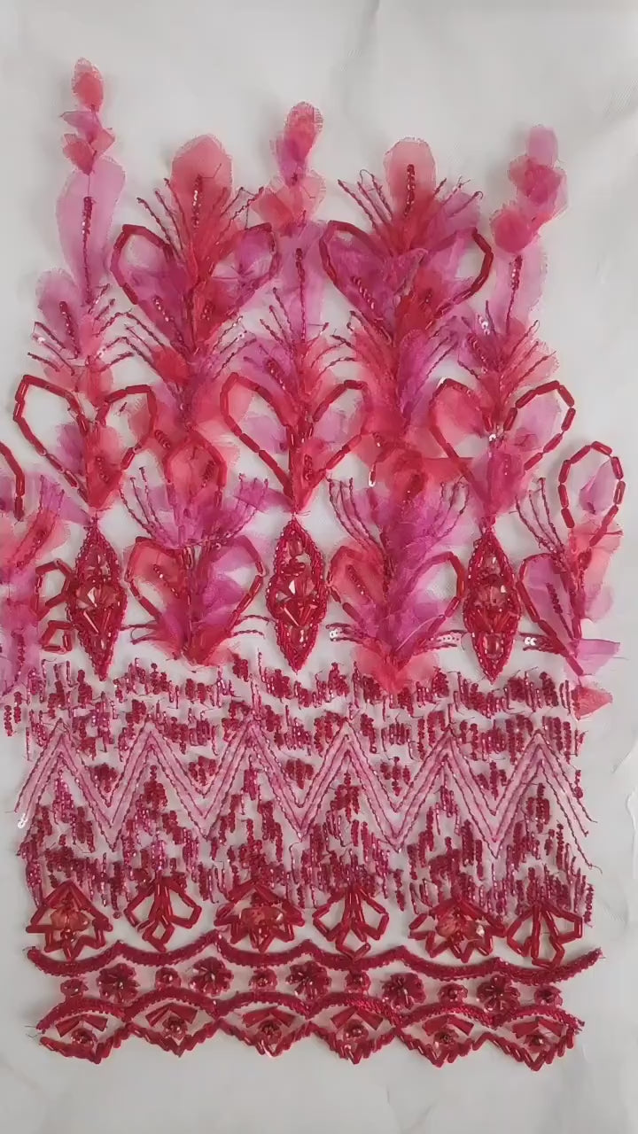 A137 - Red Hyacinth Beaded Organza Applique