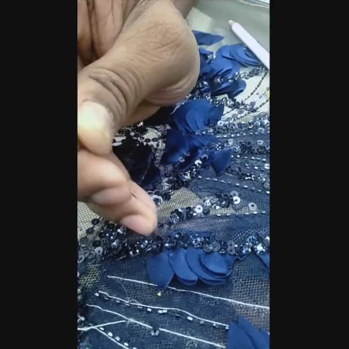 3D Midnight Blue Chantilly Lace Floral Applique