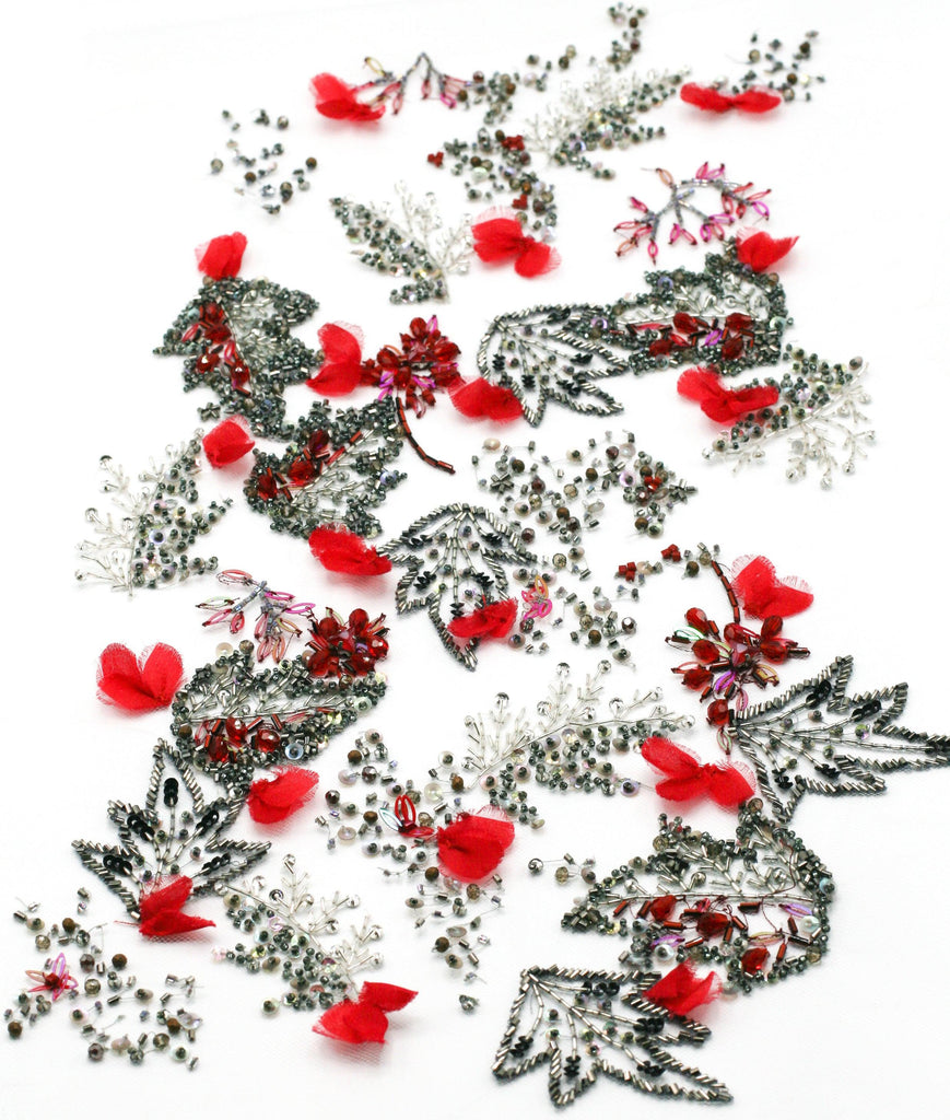 3D Cherry Red & Antique Silver Floral Applique - Moda Artisans
