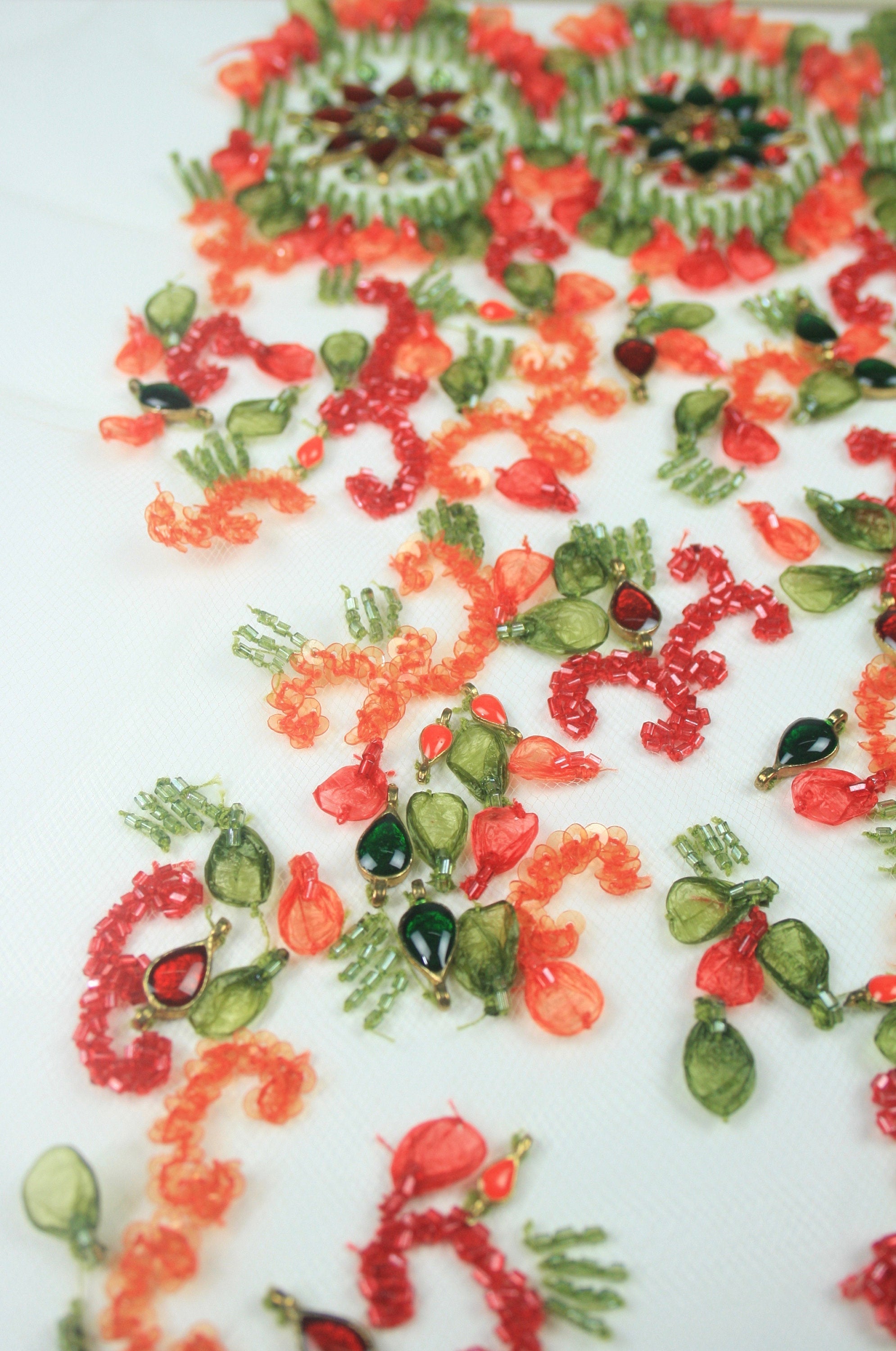 Sequin and Beaded Panel - Burnt Orange colour - Rafia Embroidered Beading Panel on Tulle - modern geometric floral design with beaded trim