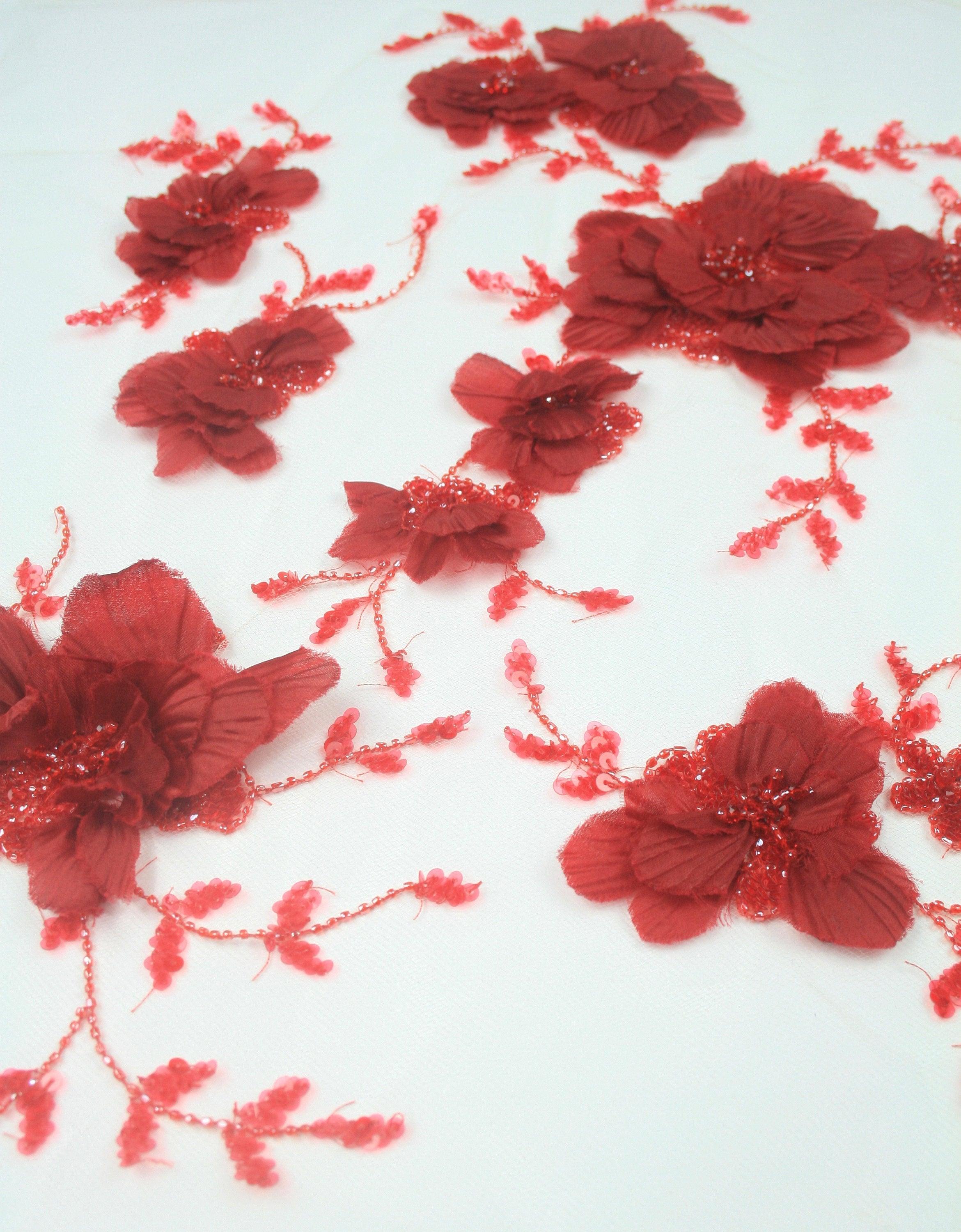 Red Flower Embroidery Beading Panel used as Beaded Trim, Embroidered Tulle, Beaded Applique,  Beaded Lace, Haute Couture Fabric