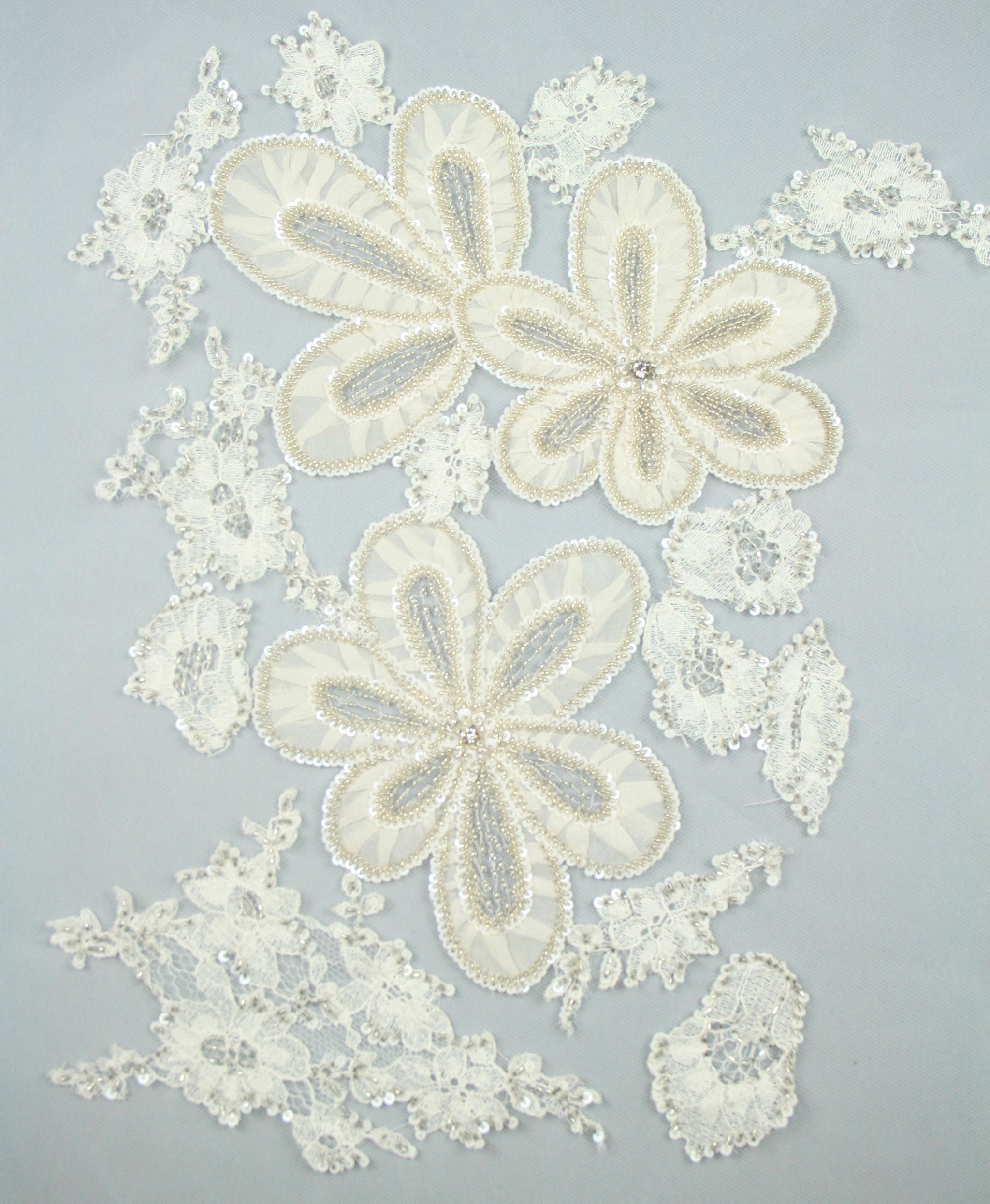 Bridal Beading applique panel used as Beaded Trim, Embroidered Tulle, Beaded Applique,  Beaded Lace, Haute Couture Fabric