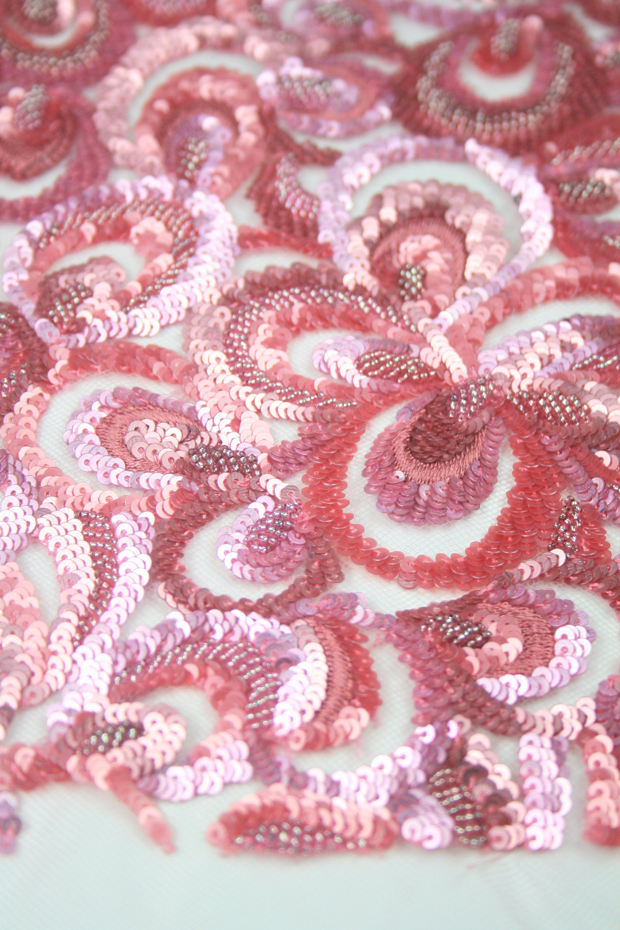 Floral Beaded Tulle ,Pink Matt and shiny hand beaded sequin applique fabric on tulle.