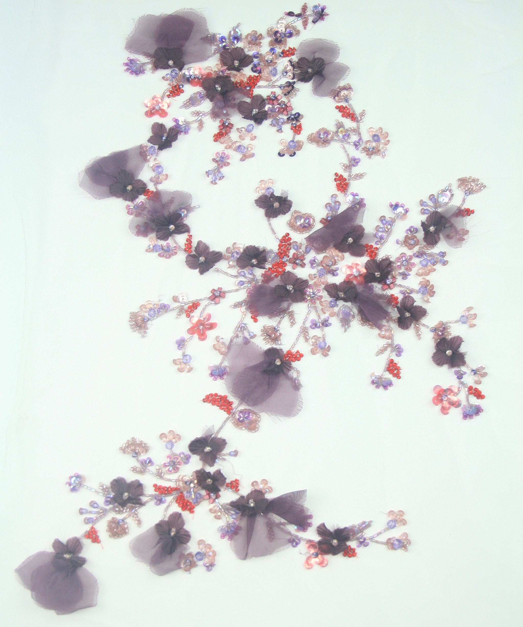 Plum-eggplant Custom Embroidery Beading Panel used as Beaded Trim, Embroidered Tulle, Beaded Applique,  Beaded Lace, Haute Couture Fabric