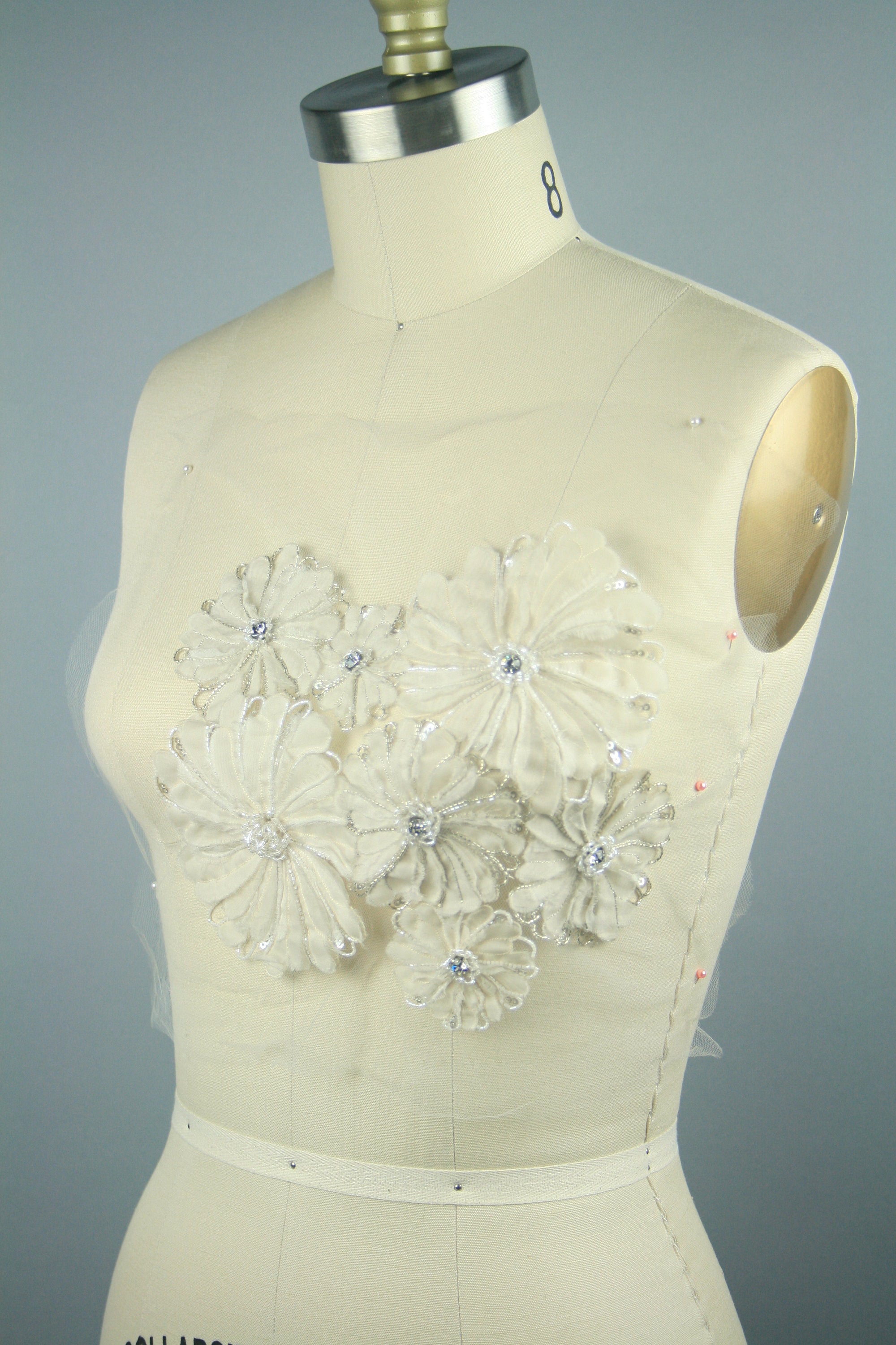 Floral beaded applique panel, wedding dress couture lace, haute couture fabric, bridal lace fabric, hand embroidery designs, bodice applique