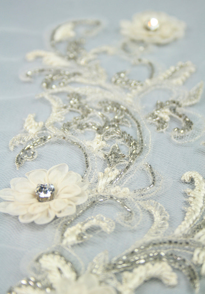 beaded lace trim veil, haute couture fabric, beaded applique bridal lace applique, rhinestone flower applique, hand embroidered fabric.
