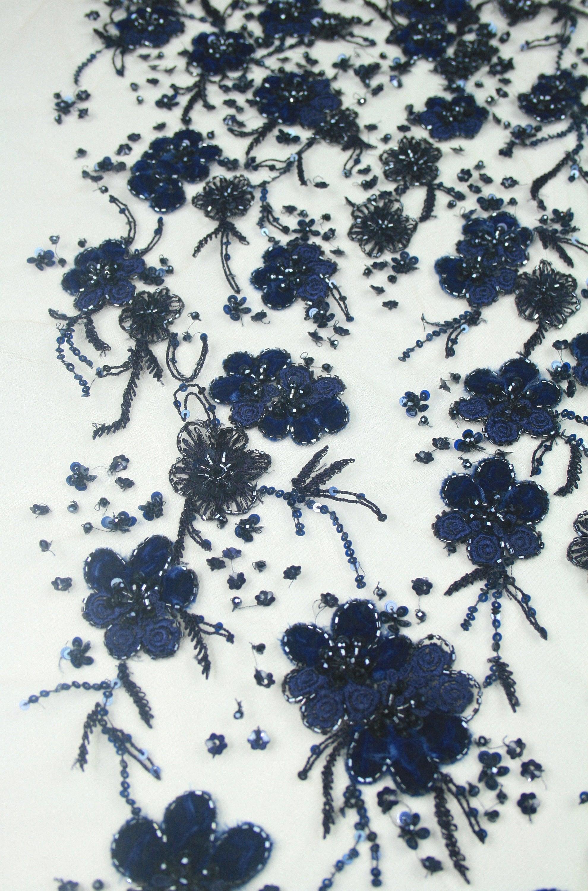 Handmade Beaded Applique panel Beading Panel used as Beaded Trim, Embroidered Tulle, Beaded Applique, Beaded Lace, Haute Couture Fabric