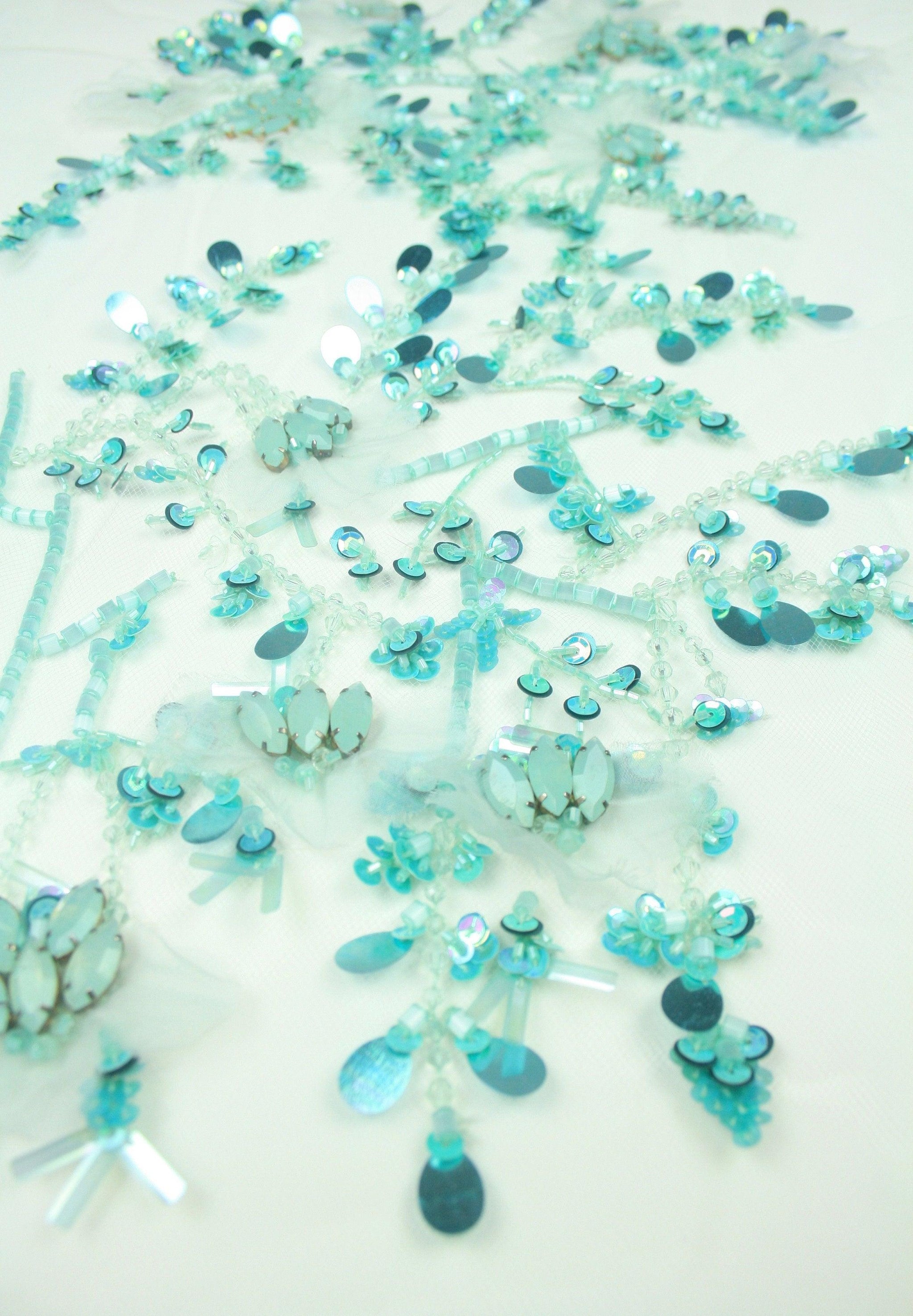 3D Turquoise Silk Floral Beaded Applique - Moda Artisans