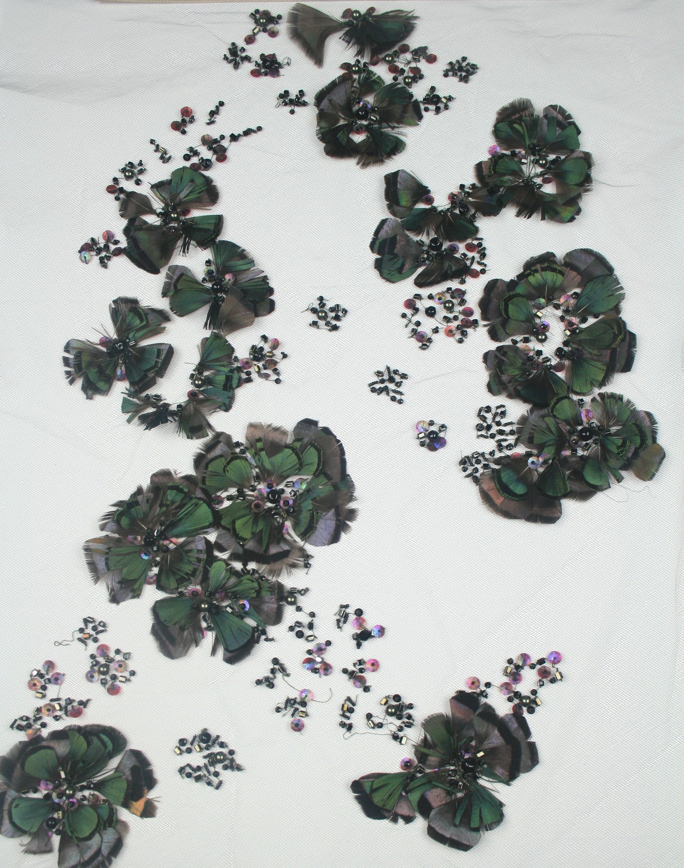 Feather Beading Lace Custom Handmade Beaded Applique used as Beaded Trim,Embroidered Tulle,Beaded Applique,Haute Couture Fabric