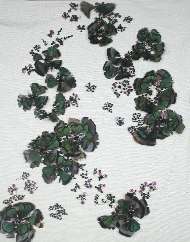 Feather Beading Lace Custom Handmade Beaded Applique used as Beaded Trim,Embroidered Tulle,Beaded Applique,Haute Couture Fabric
