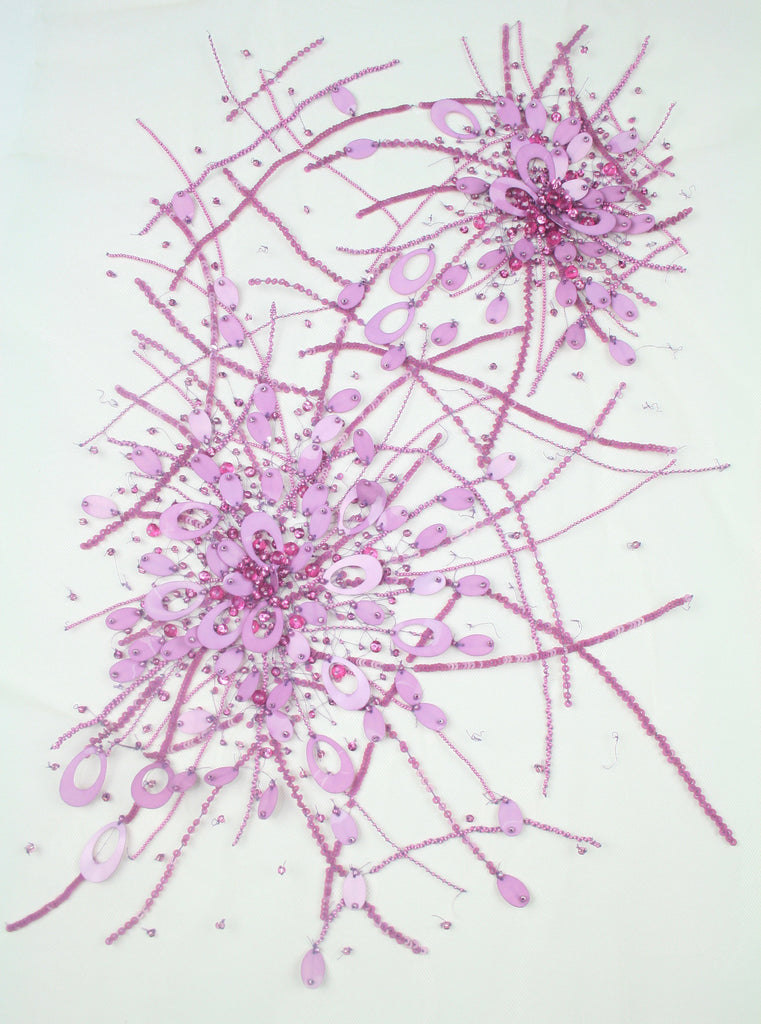 Lilac and Fuchsia Starburst Sequin Beaded Applique Panel, Hand Beaded Tulle Fabric, Haute Couture Fabric for Evening Gown
