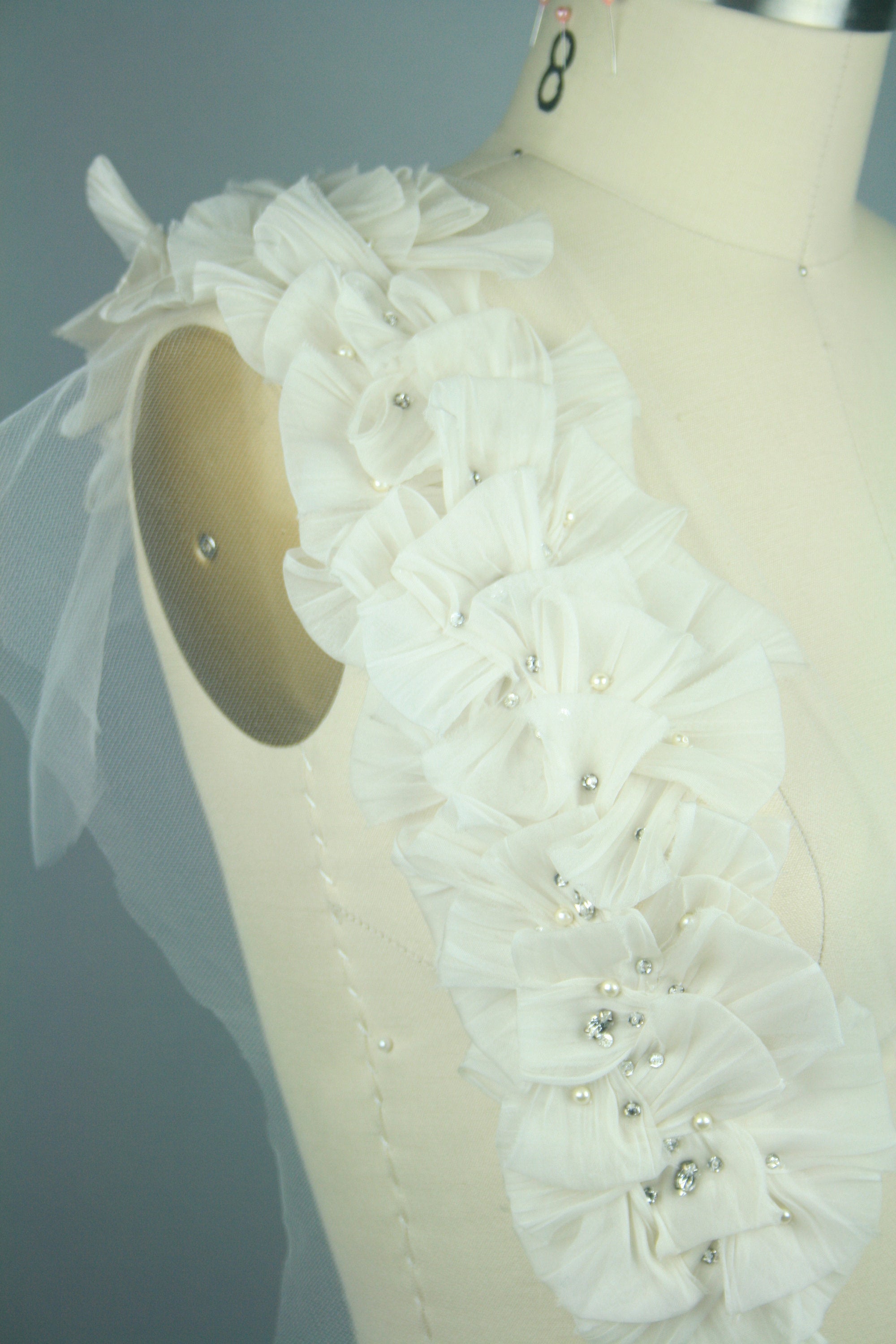 3D Crystal Pearl Organza Ruffle Applique