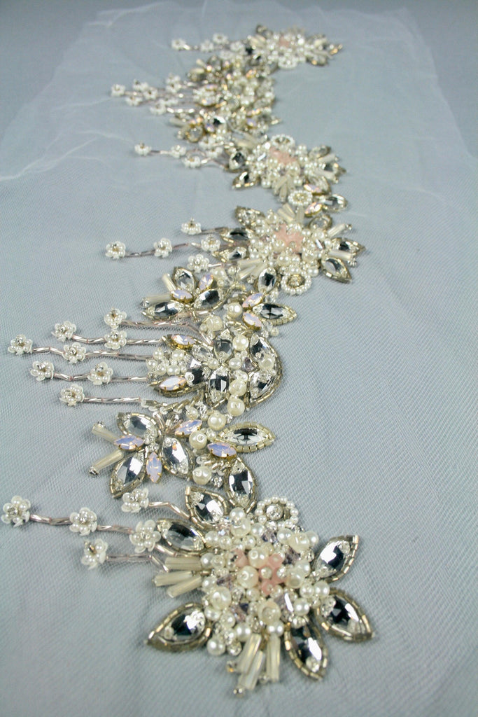 wedding Crystal Neckline shoulder strap Beaded Applique panel Beading Panel used as Beaded Trim, Beaded Applique, Haute Couture Fabric
