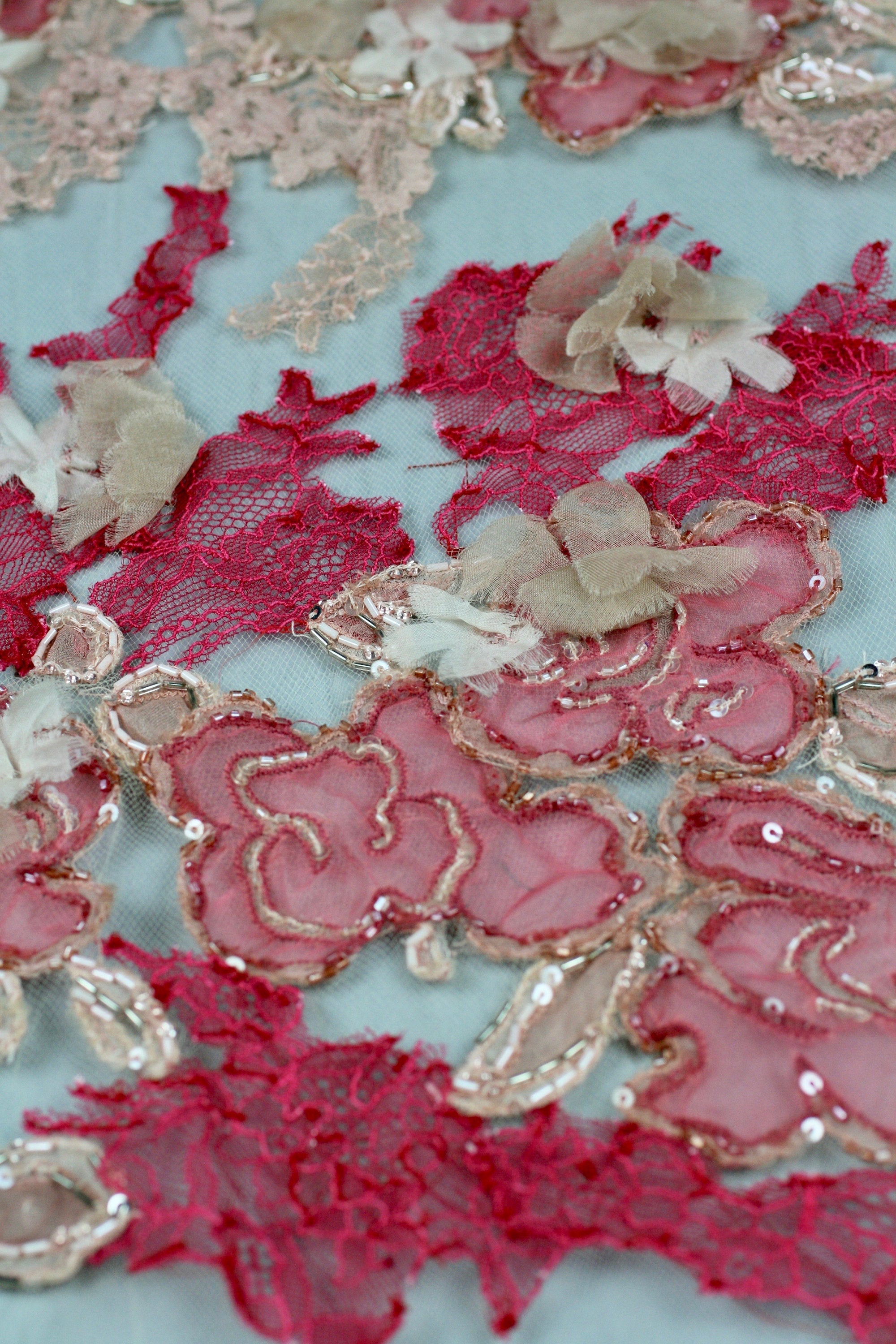 Red Lace Fabric - Floral Beaded Panel - Floral Tulle Lace - Beaded Bodice Applique - Floral Trim Applique - Beaded Trim Applique