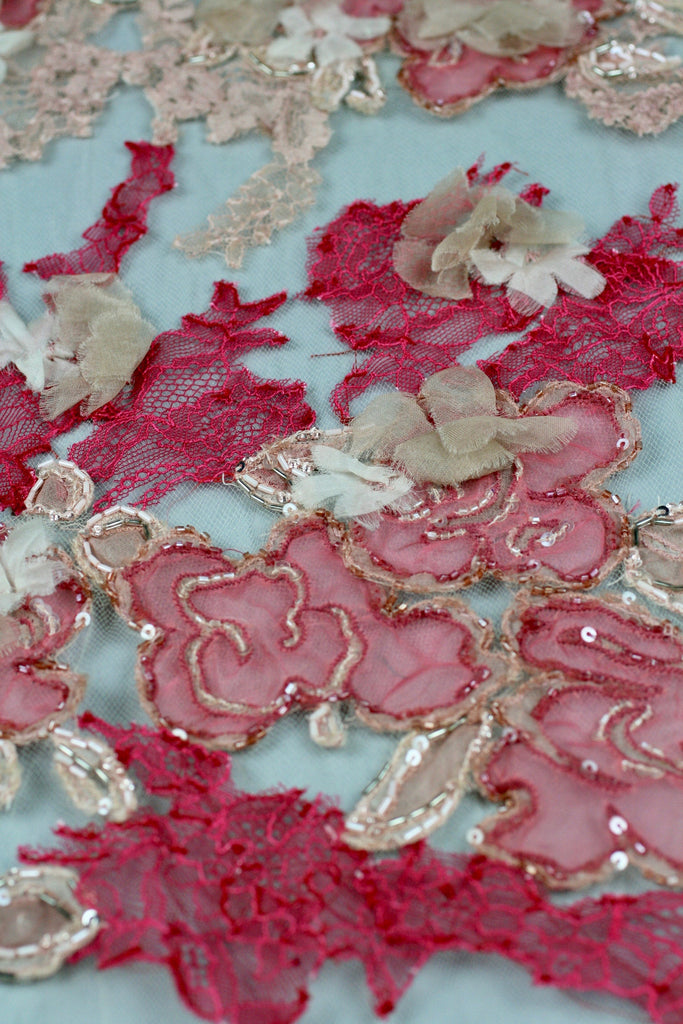 Red Lace Fabric - Floral Beaded Panel - Floral Tulle Lace - Beaded Bodice Applique - Floral Trim Applique - Beaded Trim Applique

