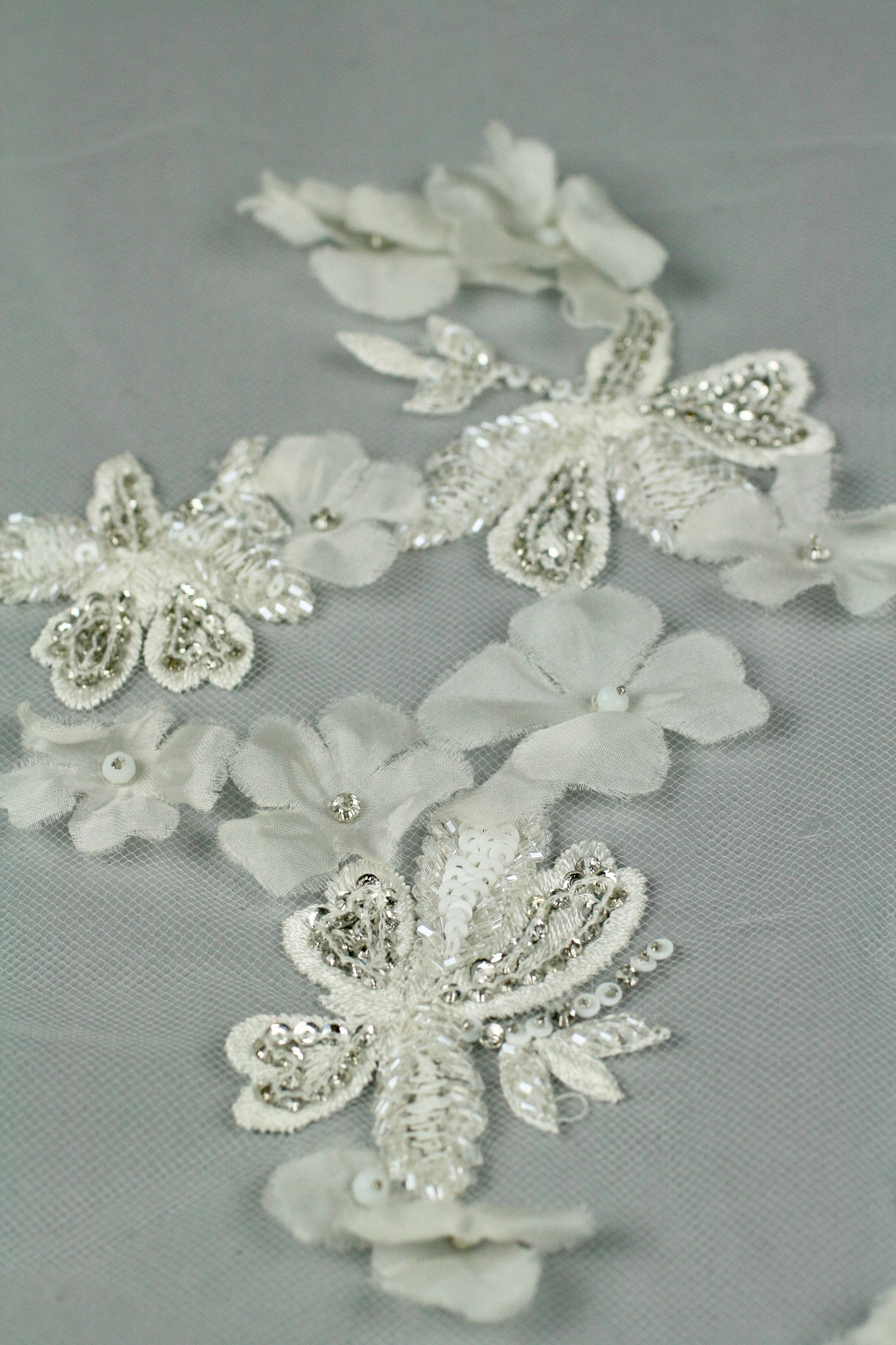 Custom Handmade Beaded Applique panel Beading Panel used as Beaded Trim, Embroidered Tulle, Beaded Applique, Haute Couture Fabric