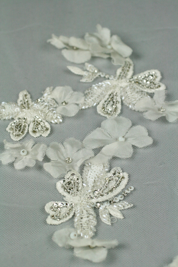 Custom Handmade Beaded Applique panel Beading Panel used as Beaded Trim, Embroidered Tulle, Beaded Applique, Haute Couture Fabric