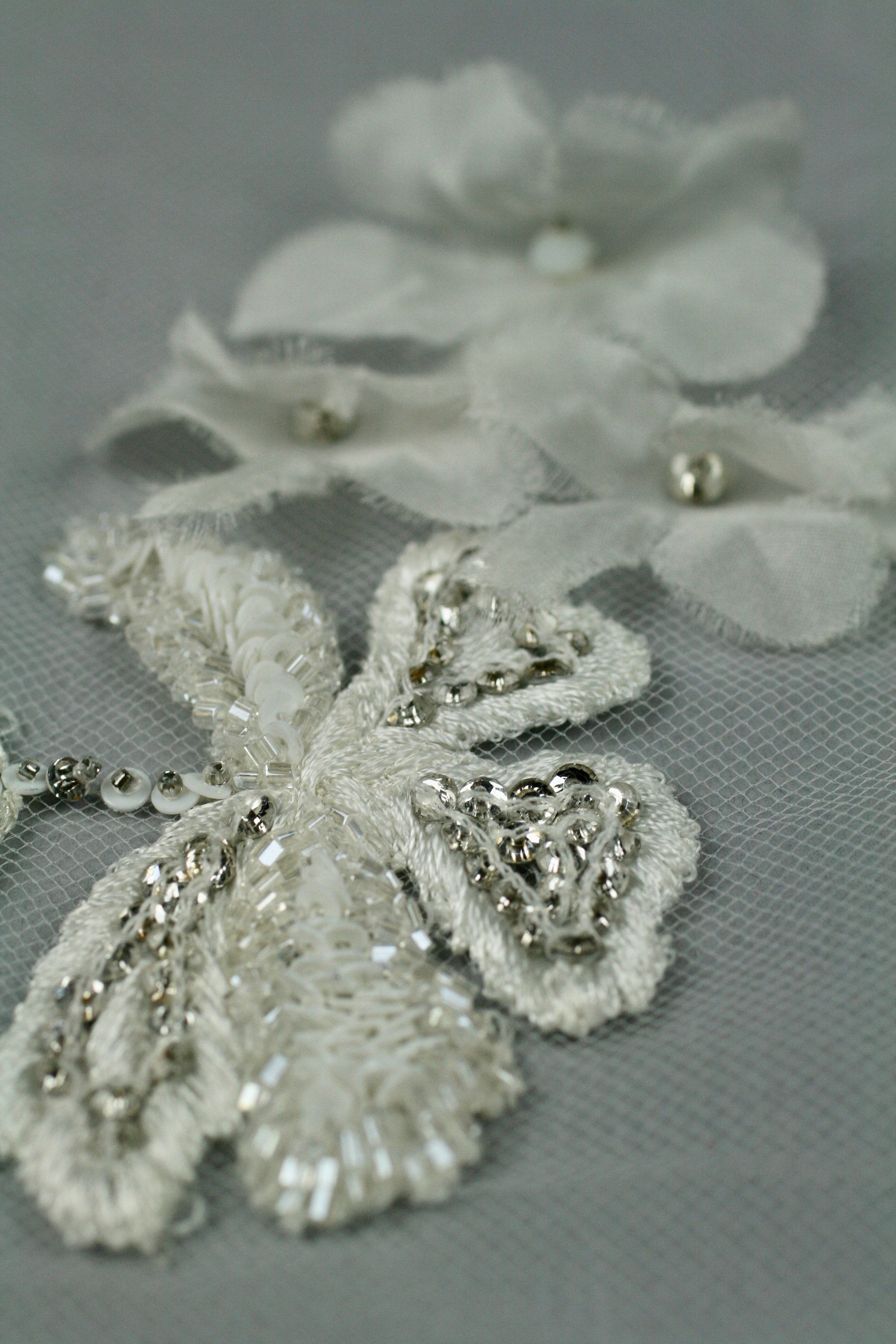 Custom Handmade Beaded Applique panel Beading Panel used as Beaded Trim, Embroidered Tulle, Beaded Applique, Haute Couture Fabric