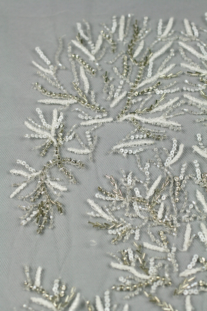 3D White Sequin Silver Beaded Applique
