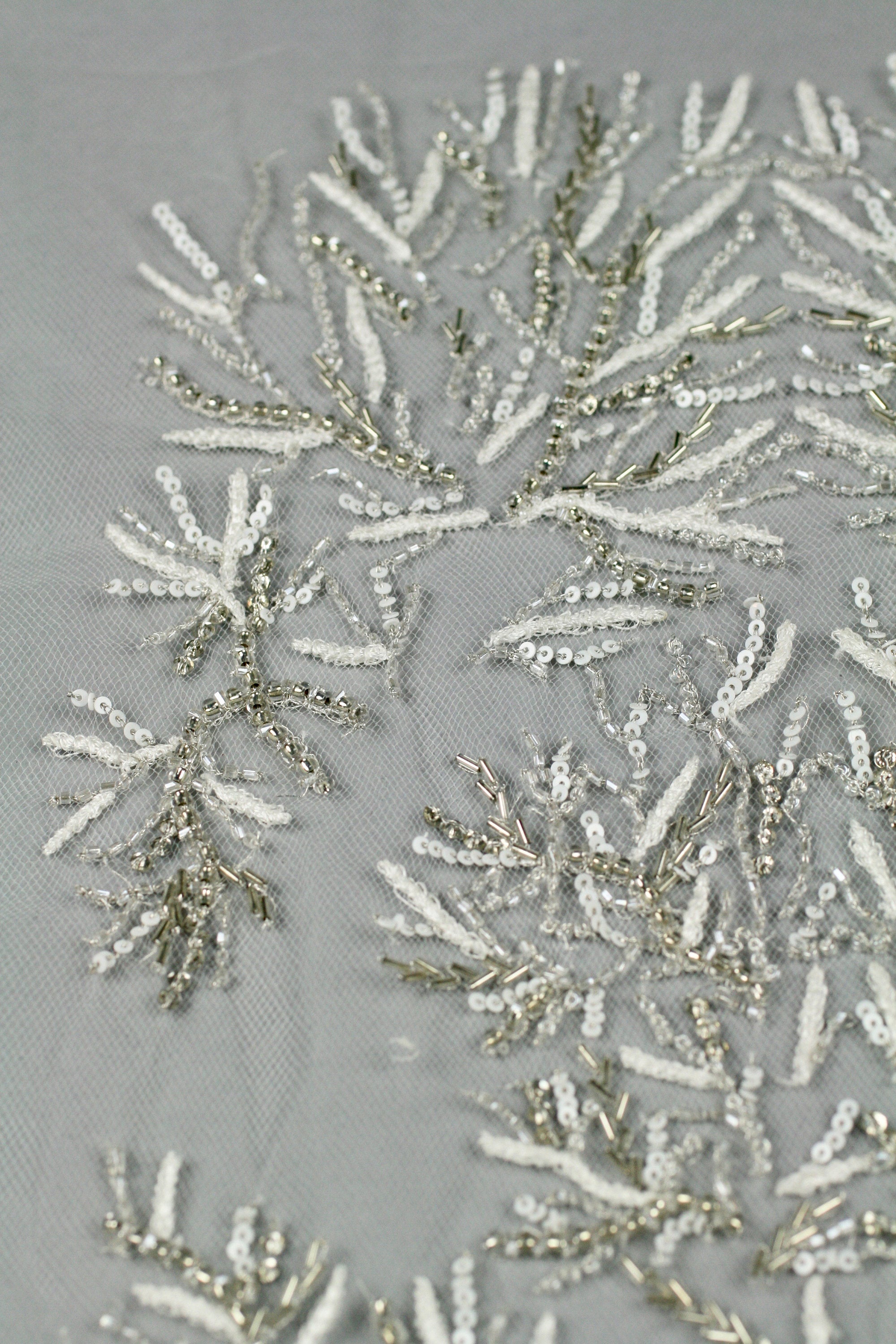 3D White Sequin Silver Beaded Applique