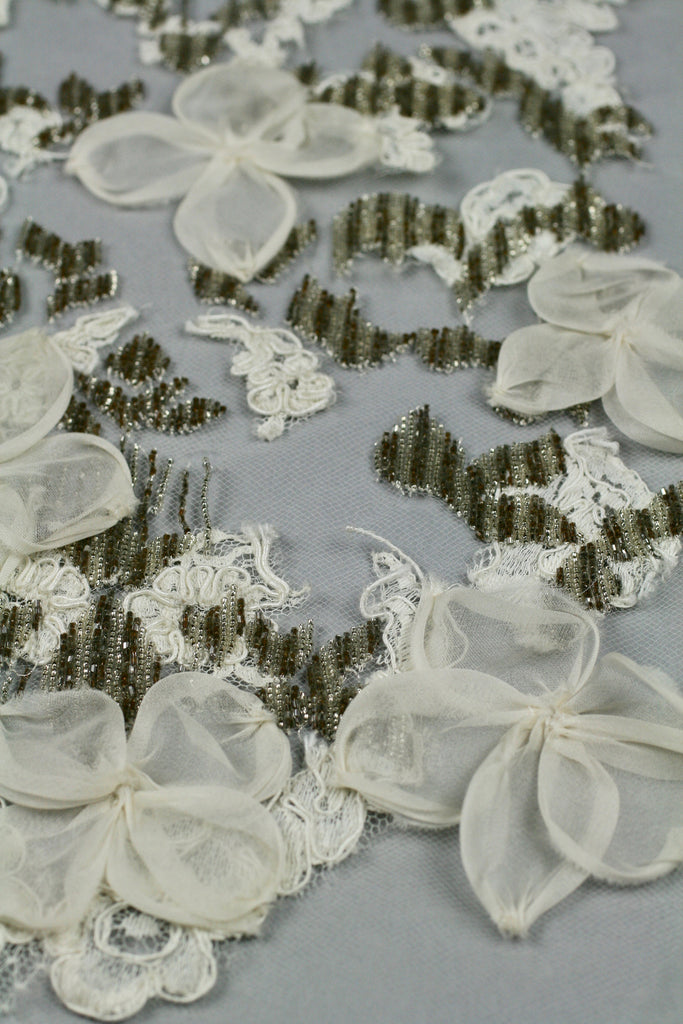 A124 - Ivory Lace Gold Beaded Applique
