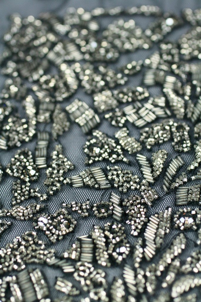 Antique Silver Beaded Panel, Platinum Beading on tulle,Crystal Beaded Panel,Rhinestones and,designer fabric by the yard
