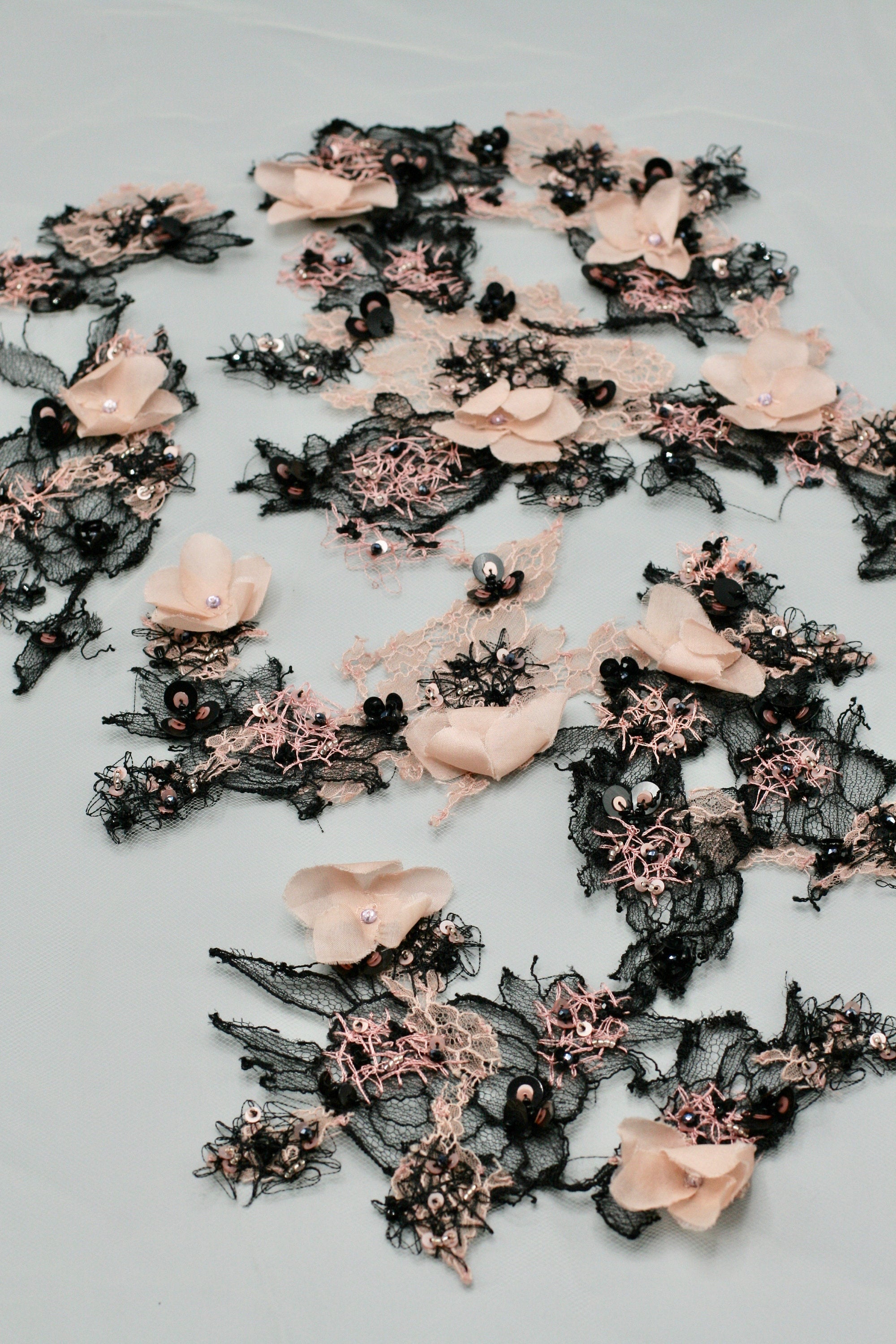 Black Lace Applique - Floral Embroidered AppliquÃ© - Dress Embroidery - 3D Floral Fabric - Beaded Bodice Applique - Tulle Lace Fabric